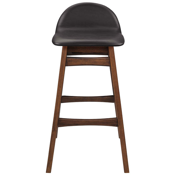 Bar stool with gently arched low back, vegan leather seat, and splayed rubberwood legs with footrests || EEI-6554-BRN || front_studio