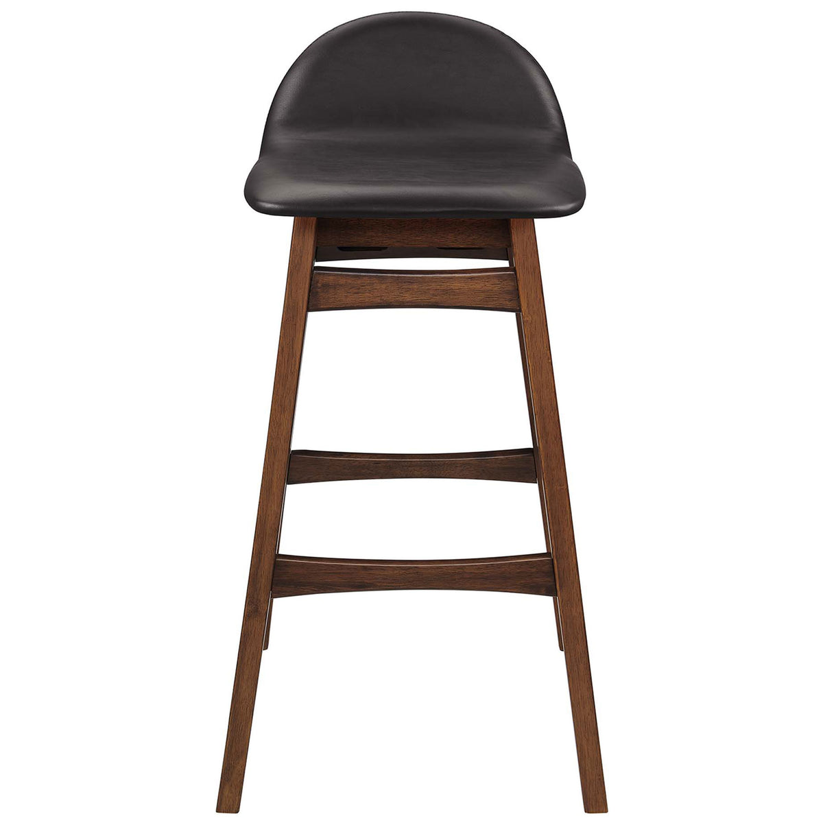 Bar stool with gently arched low back, vegan leather seat, and splayed rubberwood legs with footrests || EEI-6554-BRN || front_studio