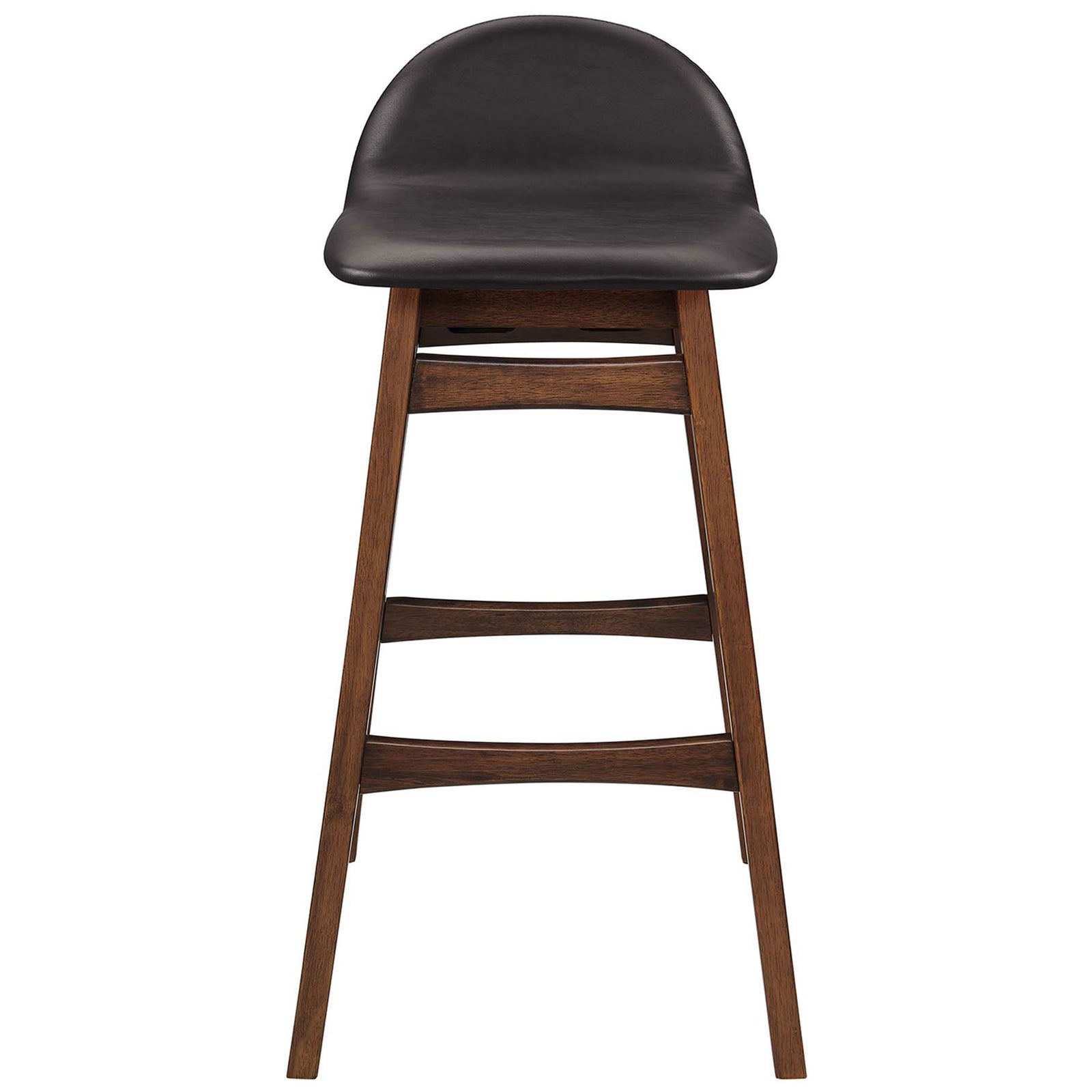 Bar stool with gently arched low back, vegan leather seat, and splayed rubberwood legs with footrests || EEI-6554-BRN || front_studio