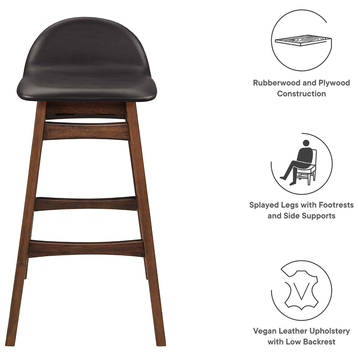 Key features: rubberwood and plywood construction, splayed legs, and low-back vegan leather seat || EEI-6554-BRN || callout_studio