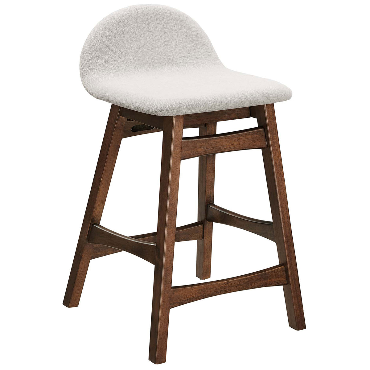 Mid-century counter stool in heathered ivory with splayed rubberwood legs and integrated footrest || EEI-6555-HEI || front_angle_studio