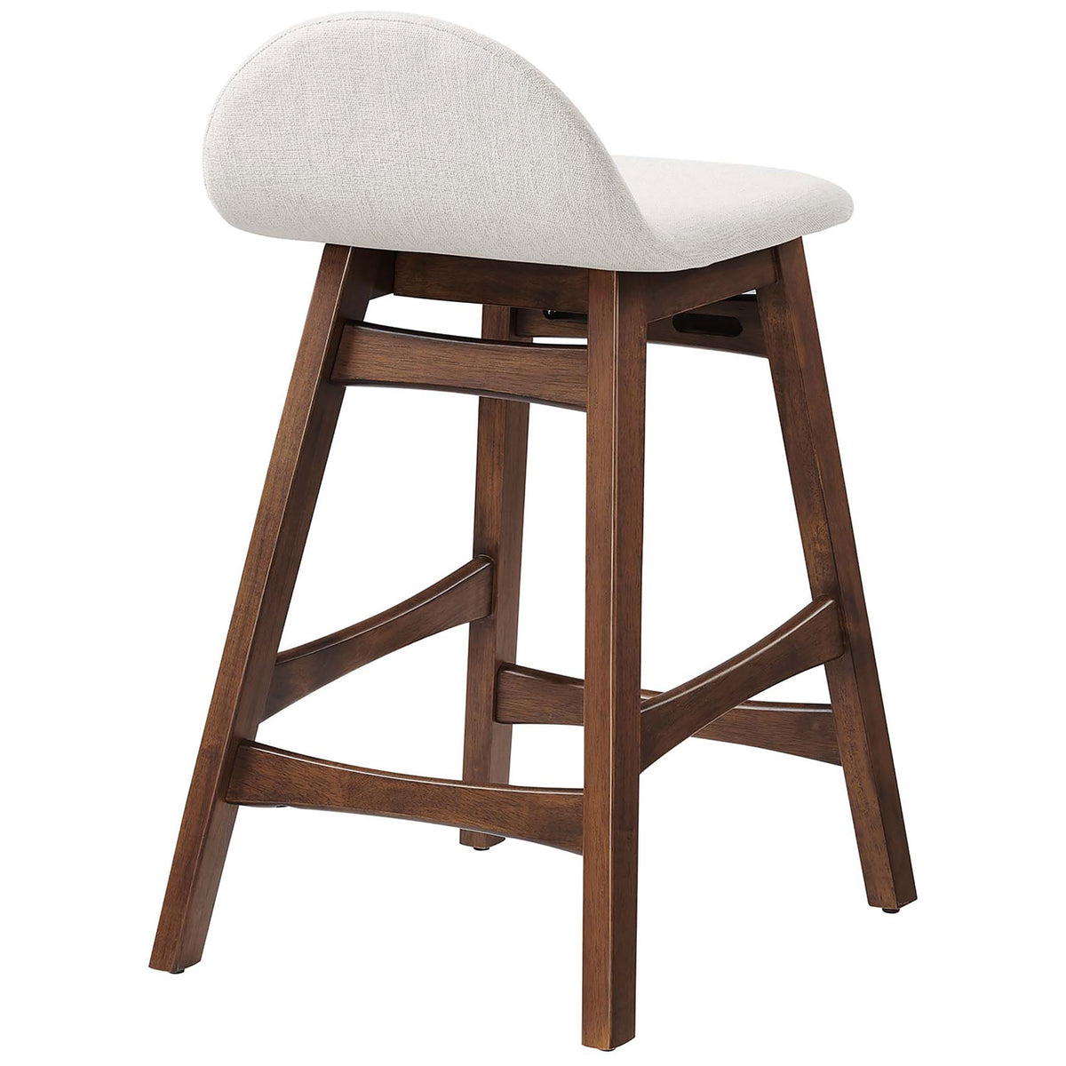 Curved low backrest and sturdy cross supports on a walnut counter stool frame || EEI-6555-HEI || back_angle_studio