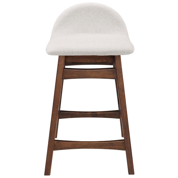 Ivory upholstered counter stool with curved low back and walnut-finish wood base with footrest || EEI-6555-HEI || front_studio