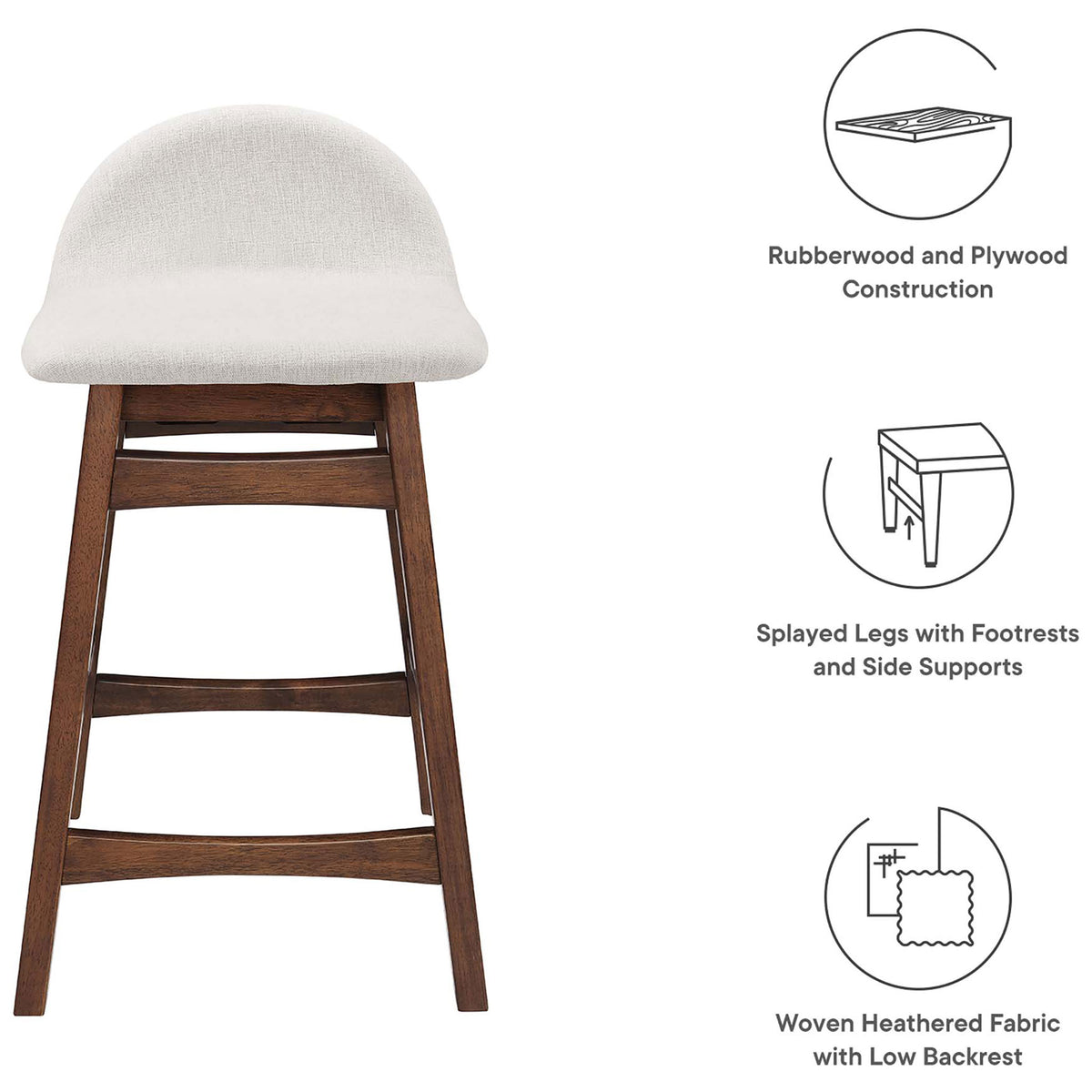 Key features highlighted: rubberwood build, splayed legs, and low backrest comfort || EEI-6555-HEI || callout_studio