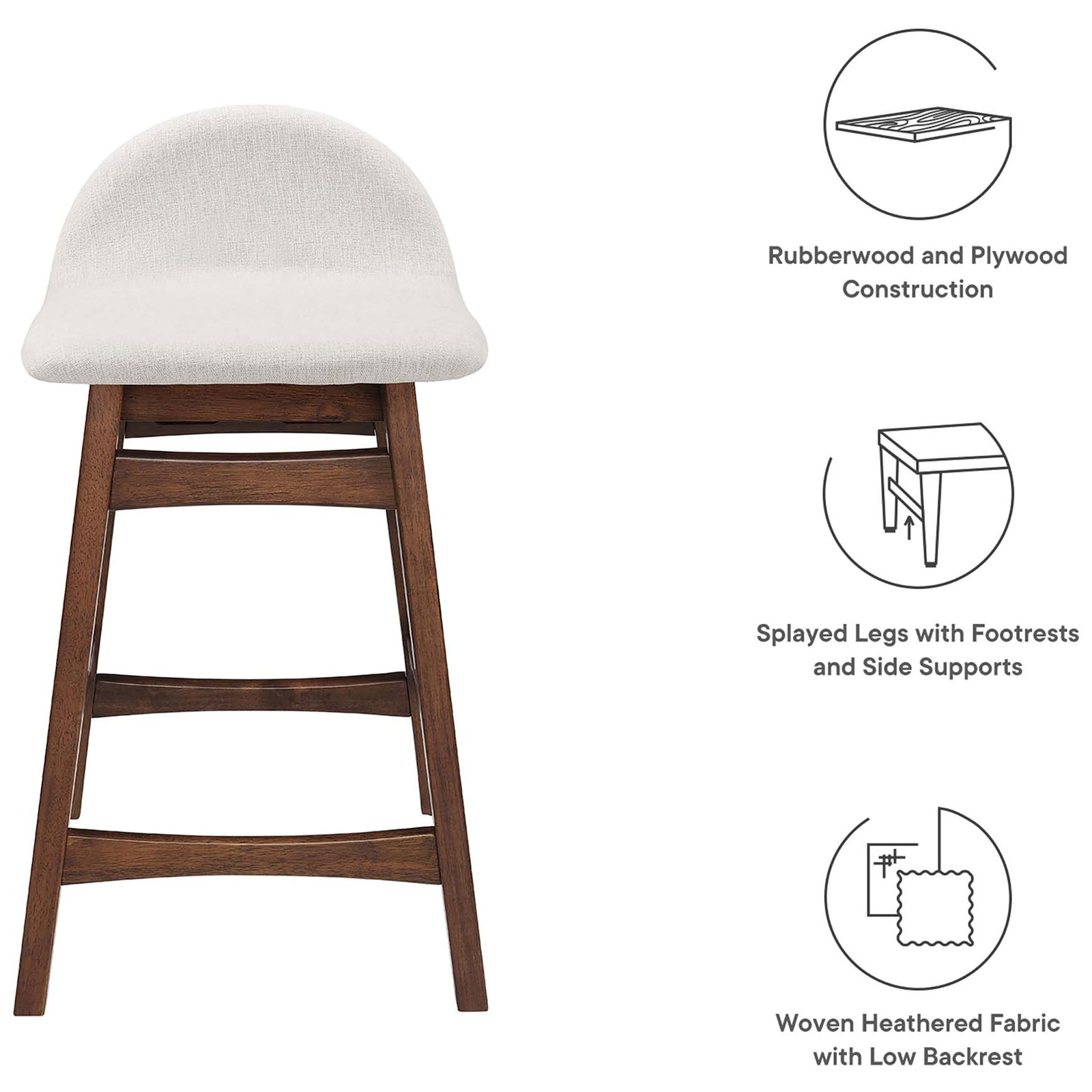 Key features highlighted: rubberwood build, splayed legs, and low backrest comfort || EEI-6555-HEI || callout_studio