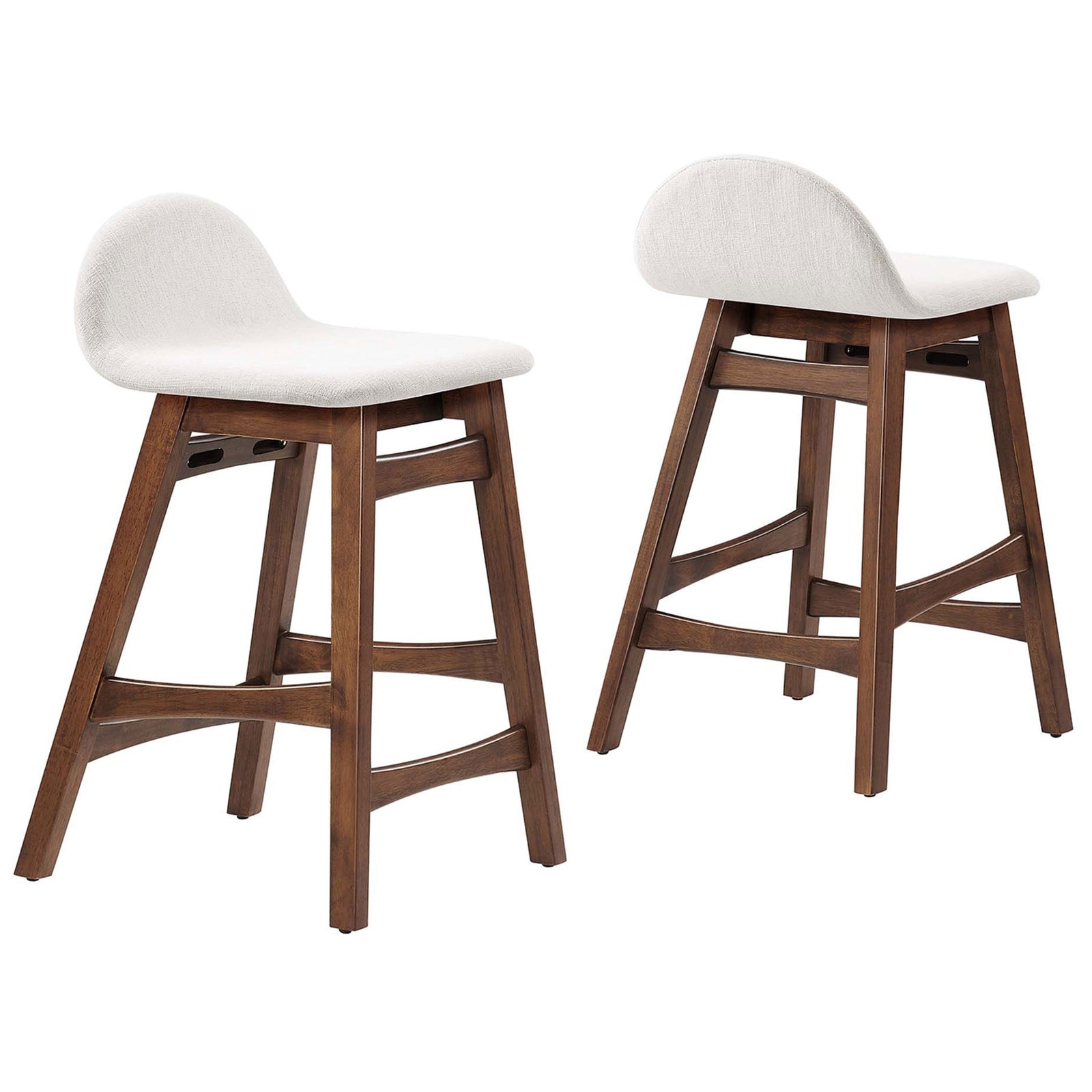 Set of two counter stools in ivory fabric with splayed legs and footrests || EEI-6555-HEI || front_angle_multi_studio
