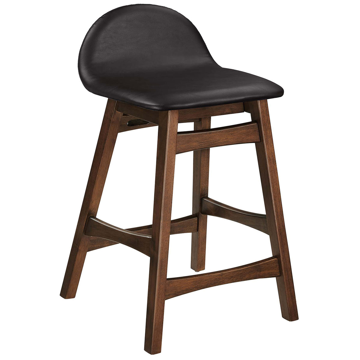 Sleek counter stool showcases contoured low back, smooth vegan leather, and warm wood frame || EEI-6556-BRN || front_angle_studio