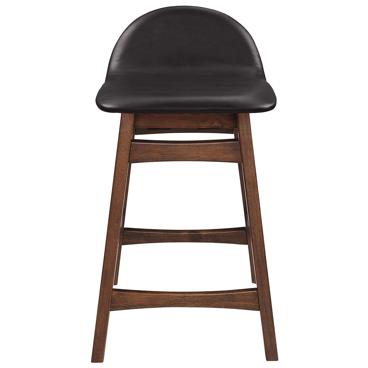 Counter stool with low curved back, vegan leather seat, and splayed rubberwood legs with footrests || EEI-6556-BRN || front_studio