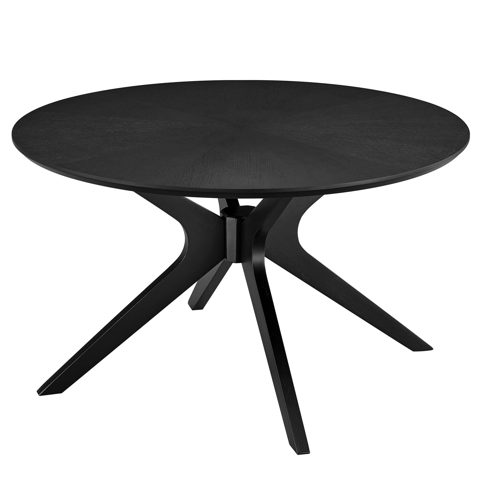 Sleek round black table showcases a radial wood grain top and sturdy splayed legs with a modern profile || EEI-6557-BLK || front_angle_studio