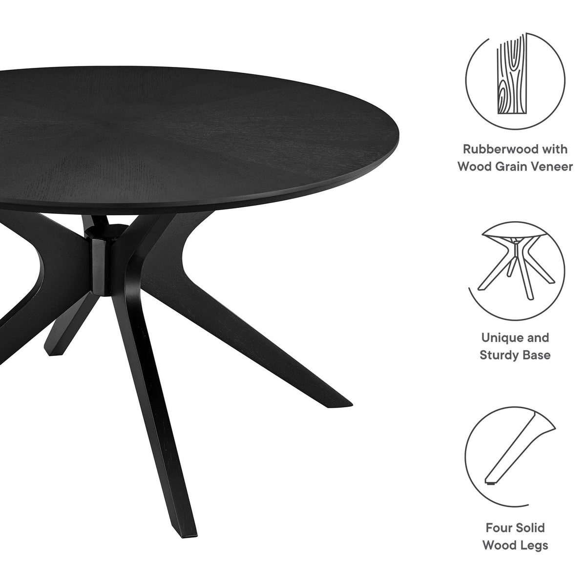 Key features include ash veneer top, unique intersecting legs, and solid wood construction || EEI-6557-BLK || callout_studio