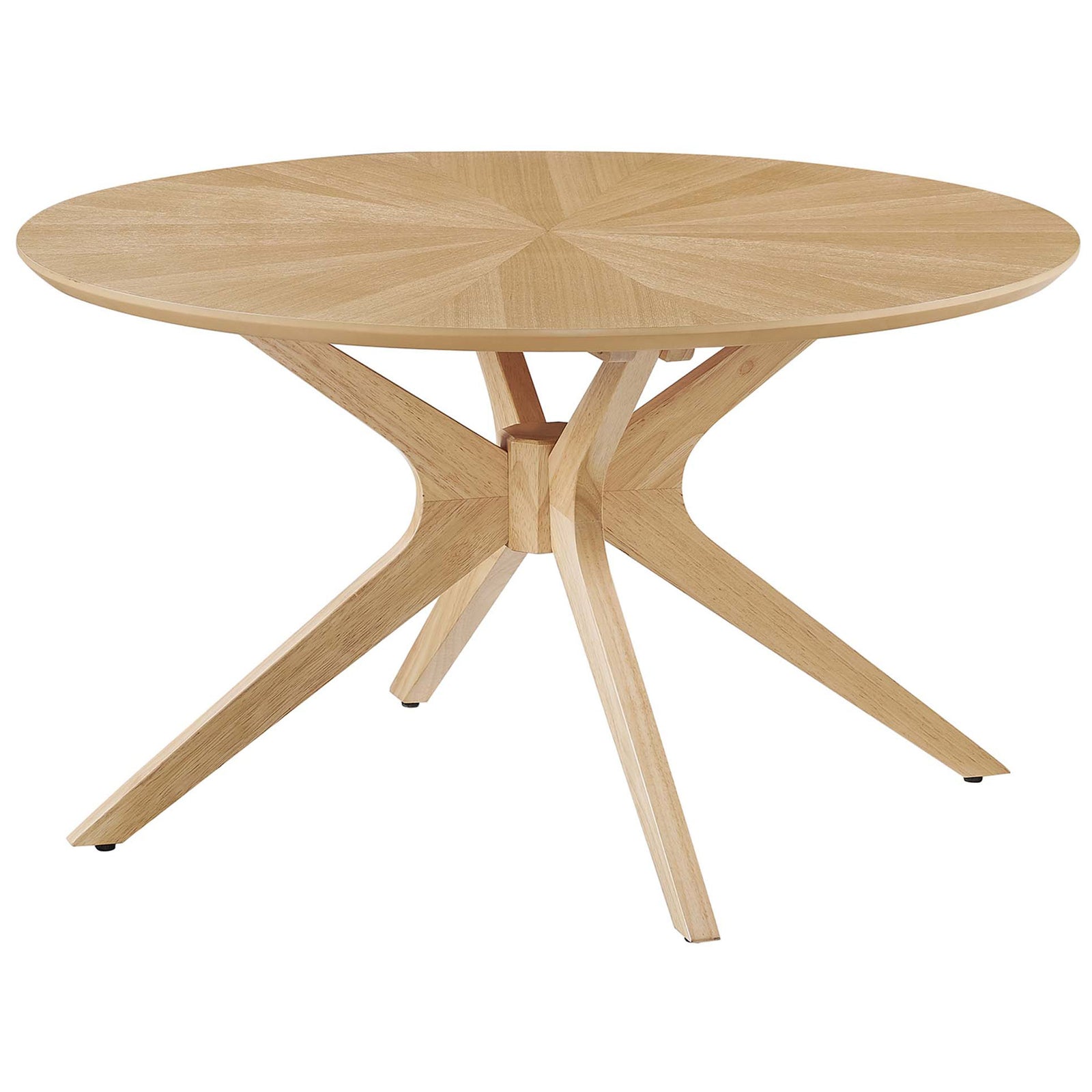 Sculptural intersecting legs anchor a sunburst oak veneer round top for striking mid-century style || EEI-6557-OAK || front_angle_studio