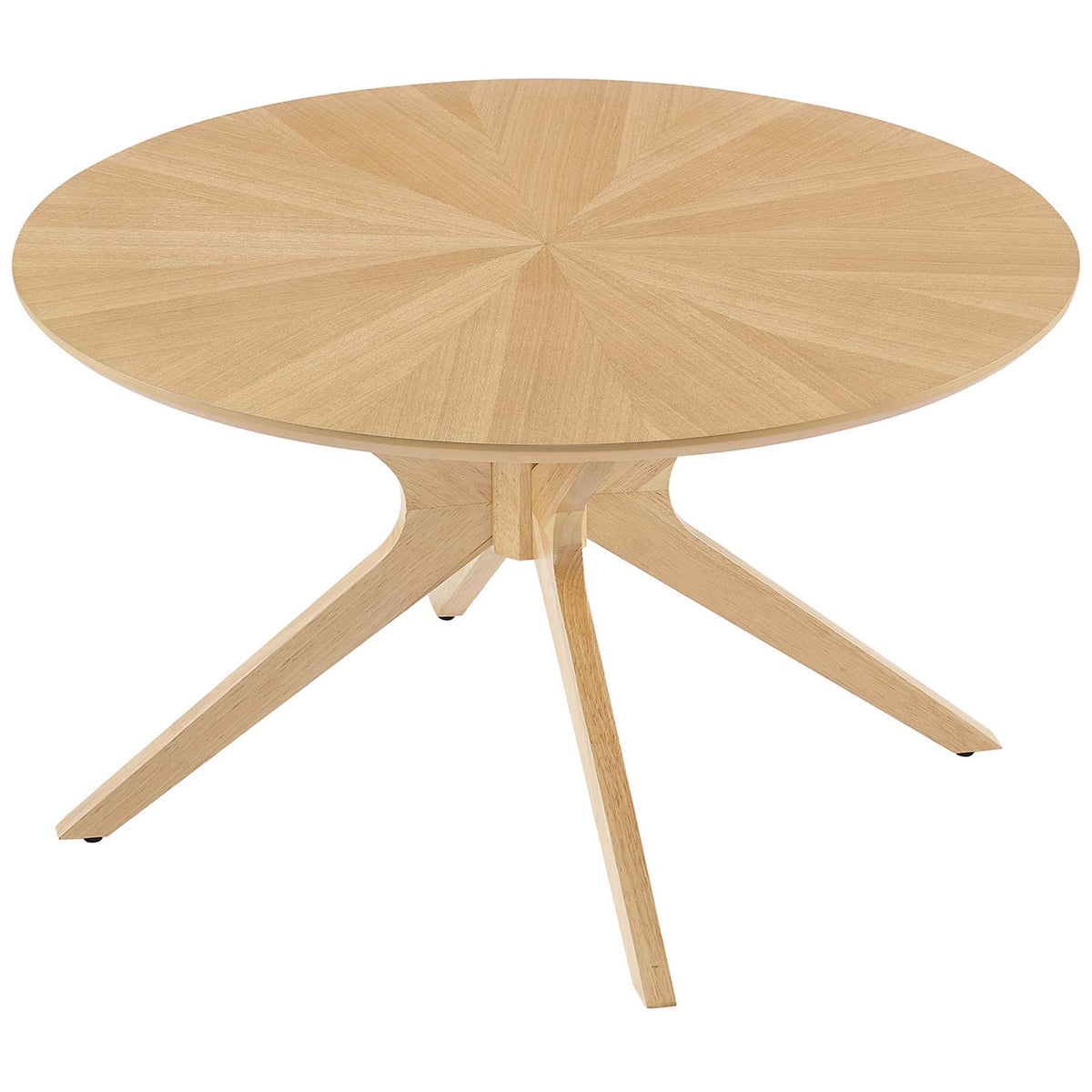 Radial ash veneer pattern adds visual texture to the round tabletop in a light oak tone || EEI-6557-OAK || top_angle_studio