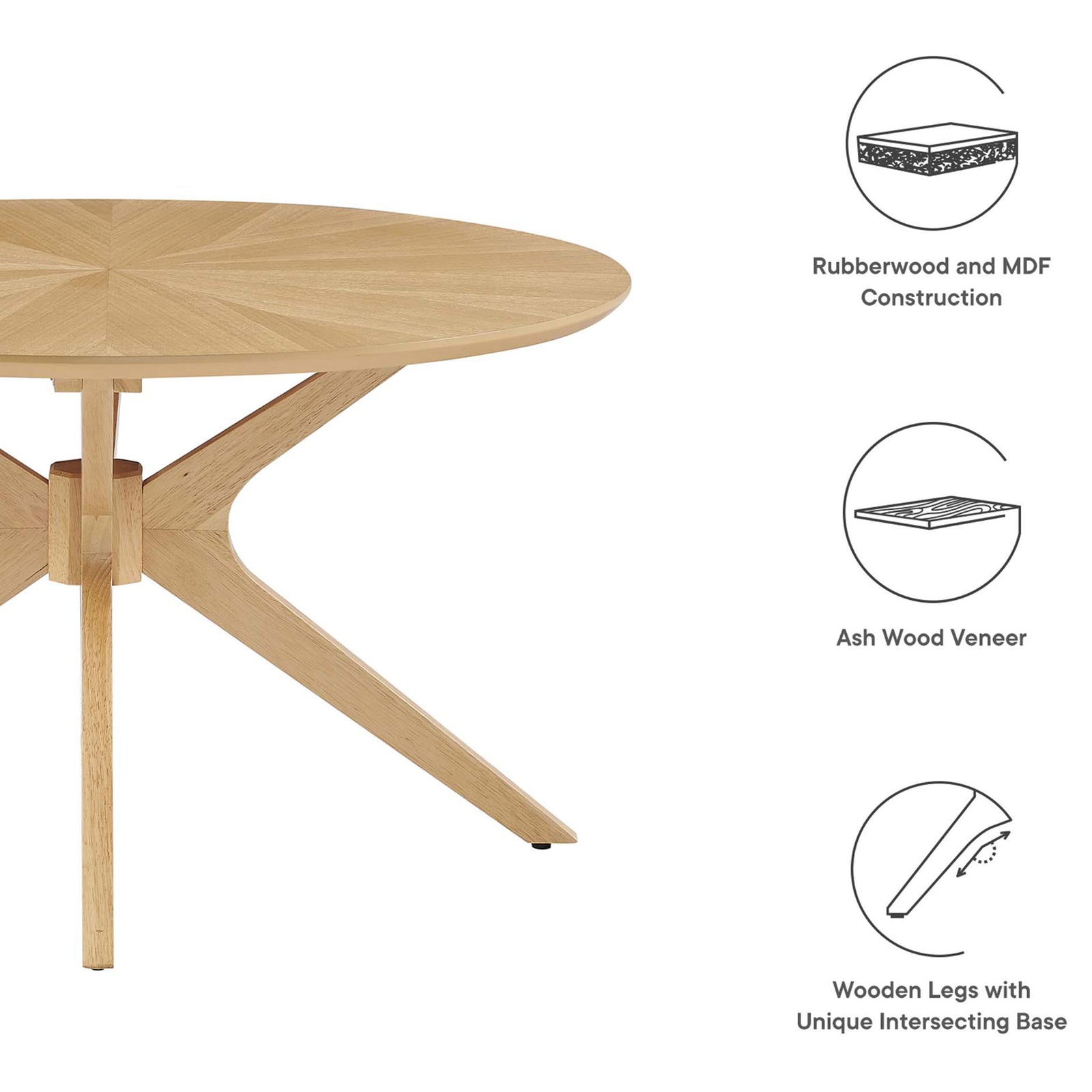 Engineered for durability with rubberwood, MDF, and an ash veneer top plus unique intersecting base || EEI-6557-OAK || callout_studio