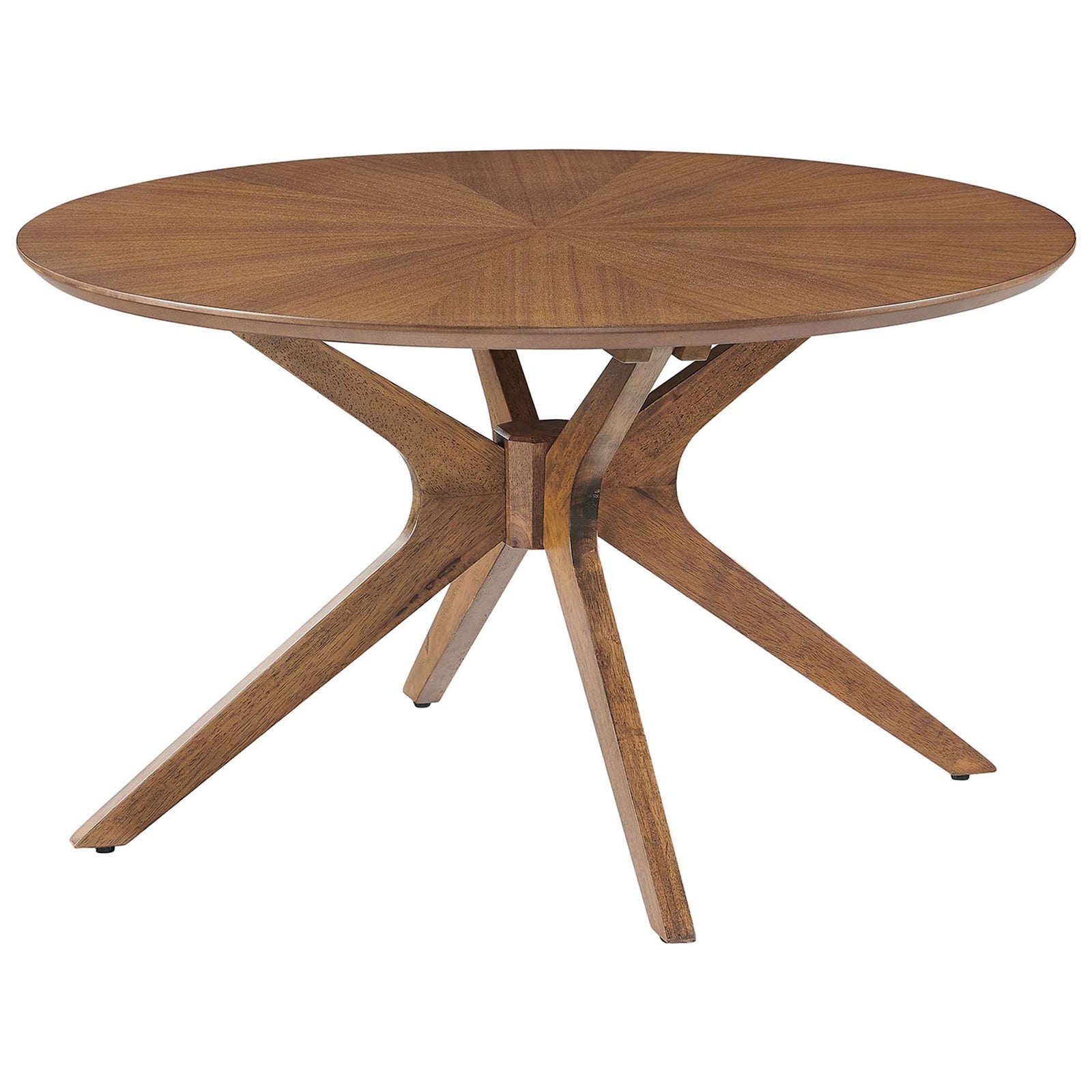 Round coffee table in walnut finish with ash wood veneer top and intersecting solid wood base. || EEI-6557-WAL || front_angle_studio