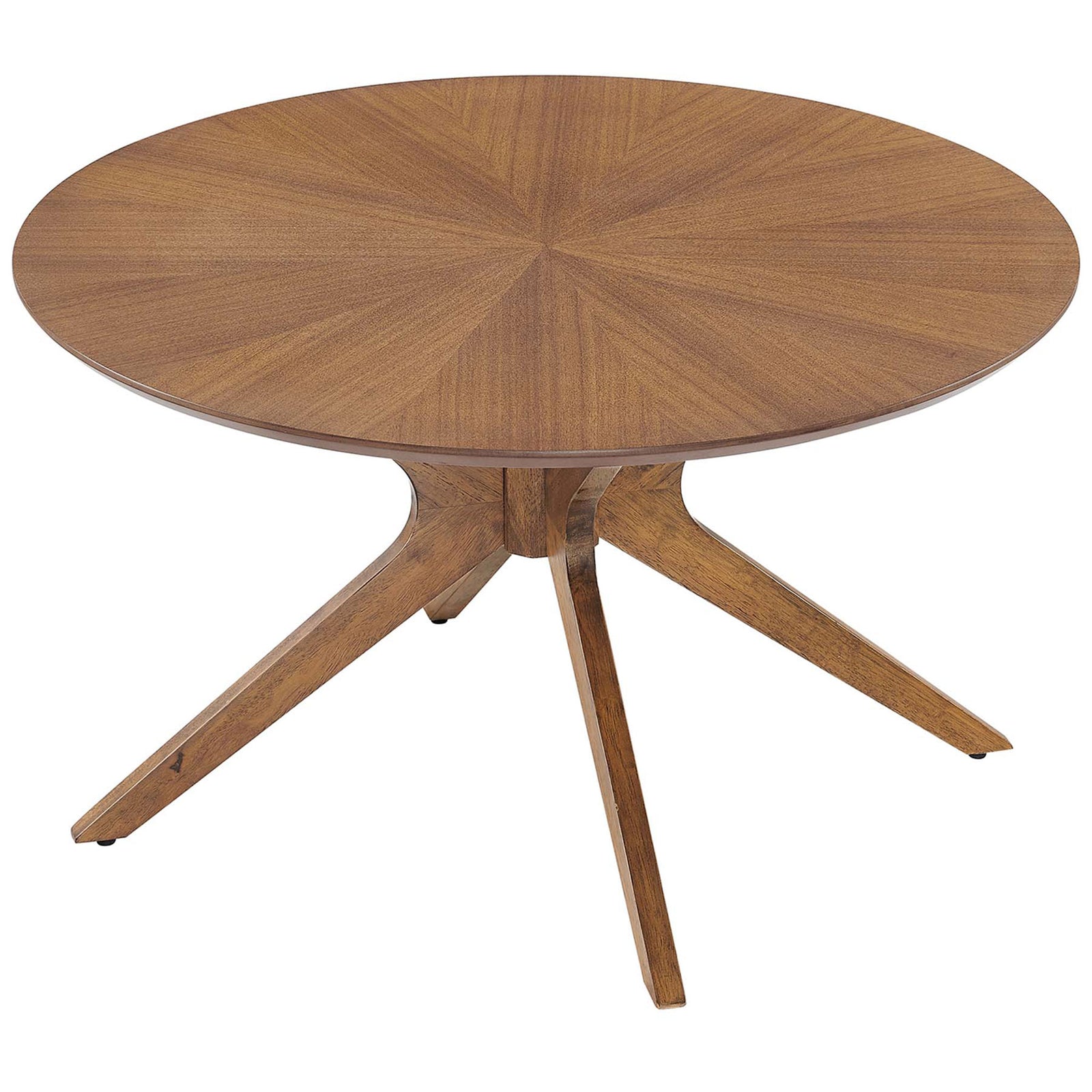 Ash wood veneer tabletop in walnut finish showcases a bold sunburst grain on a sleek round profile. || EEI-6557-WAL || top_angle_studio