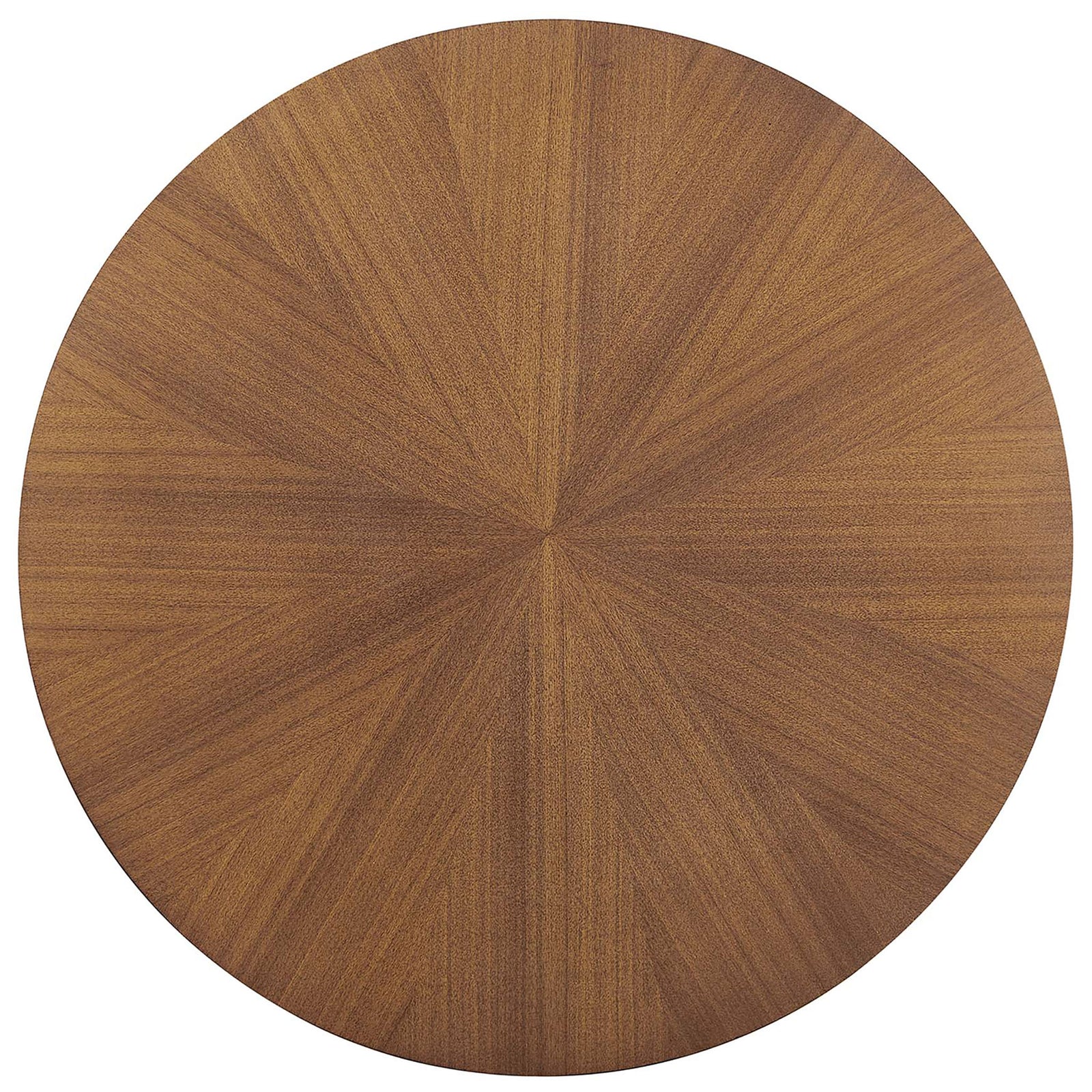 Circular tabletop highlights the walnut-finished ash veneer with a refined sunburst pattern. || EEI-6557-WAL || top_studio