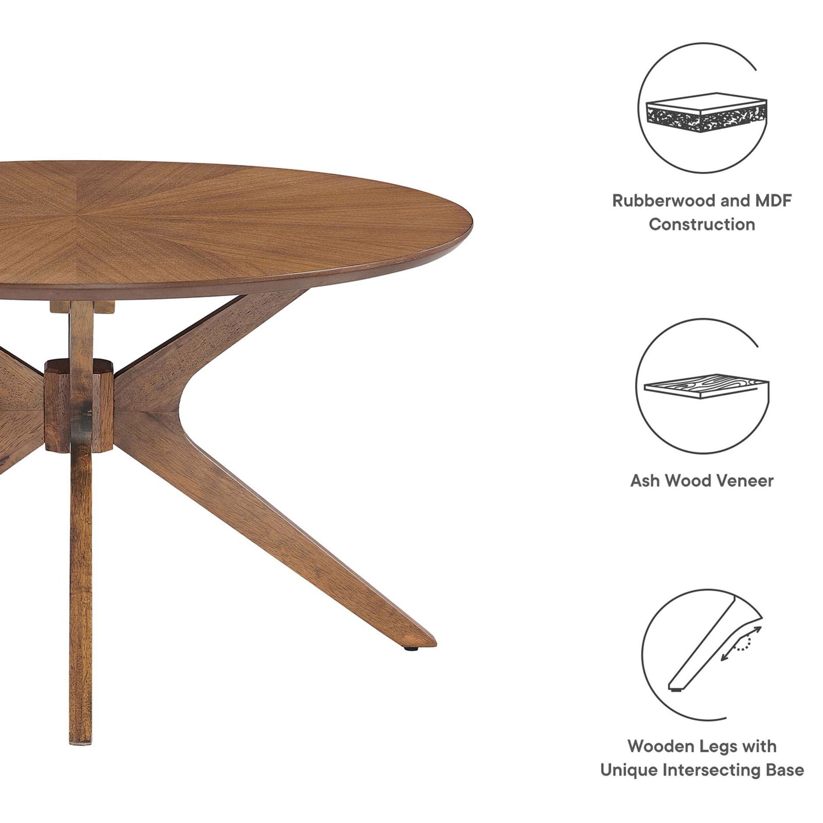 Construction highlights: rubberwood and MDF, ash wood veneer, and a unique intersecting base. || EEI-6557-WAL || callout_studio