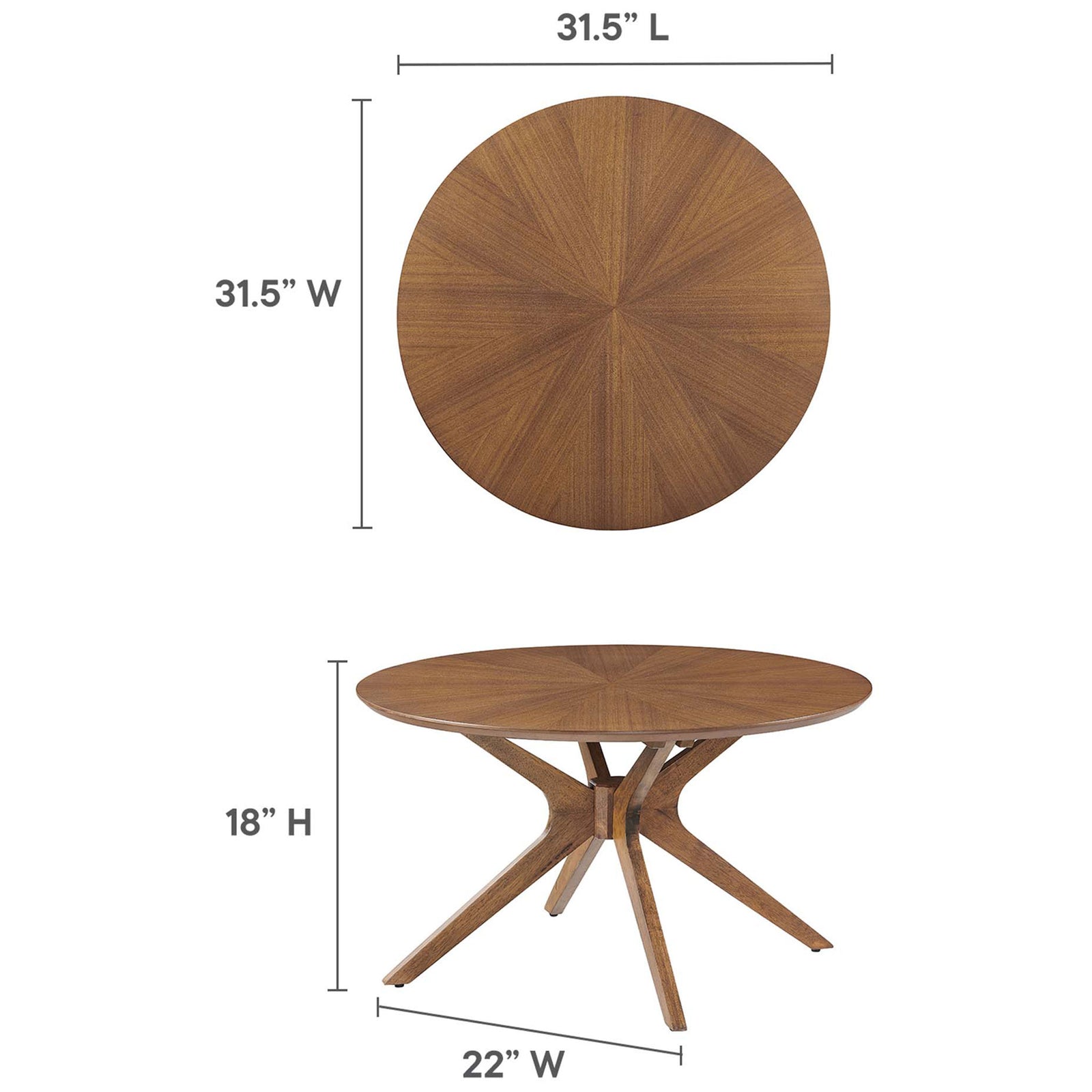 Dimensions for the round coffee table including diameter, height, and base width. || EEI-6557-WAL || dimension_studio