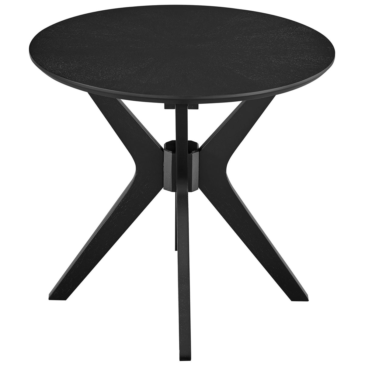 Compact black round side table with sturdy rubberwood frame and sculptural crossed base || EEI-6558-BLK || front_studio