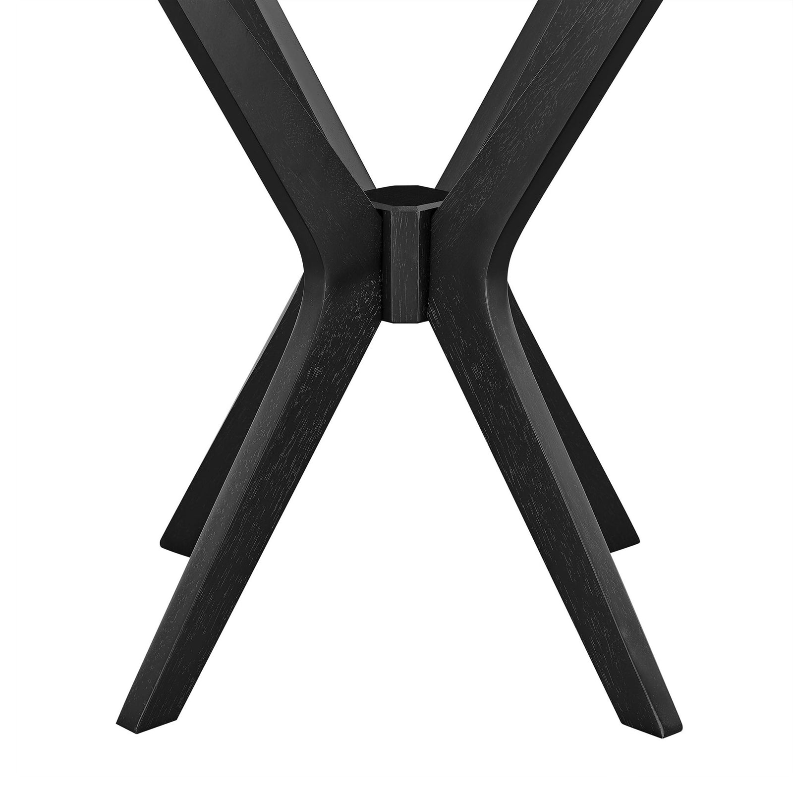 Intersecting black wood base with four flared legs adds sculptural stability to the side table || EEI-6558-BLK || leg_studio