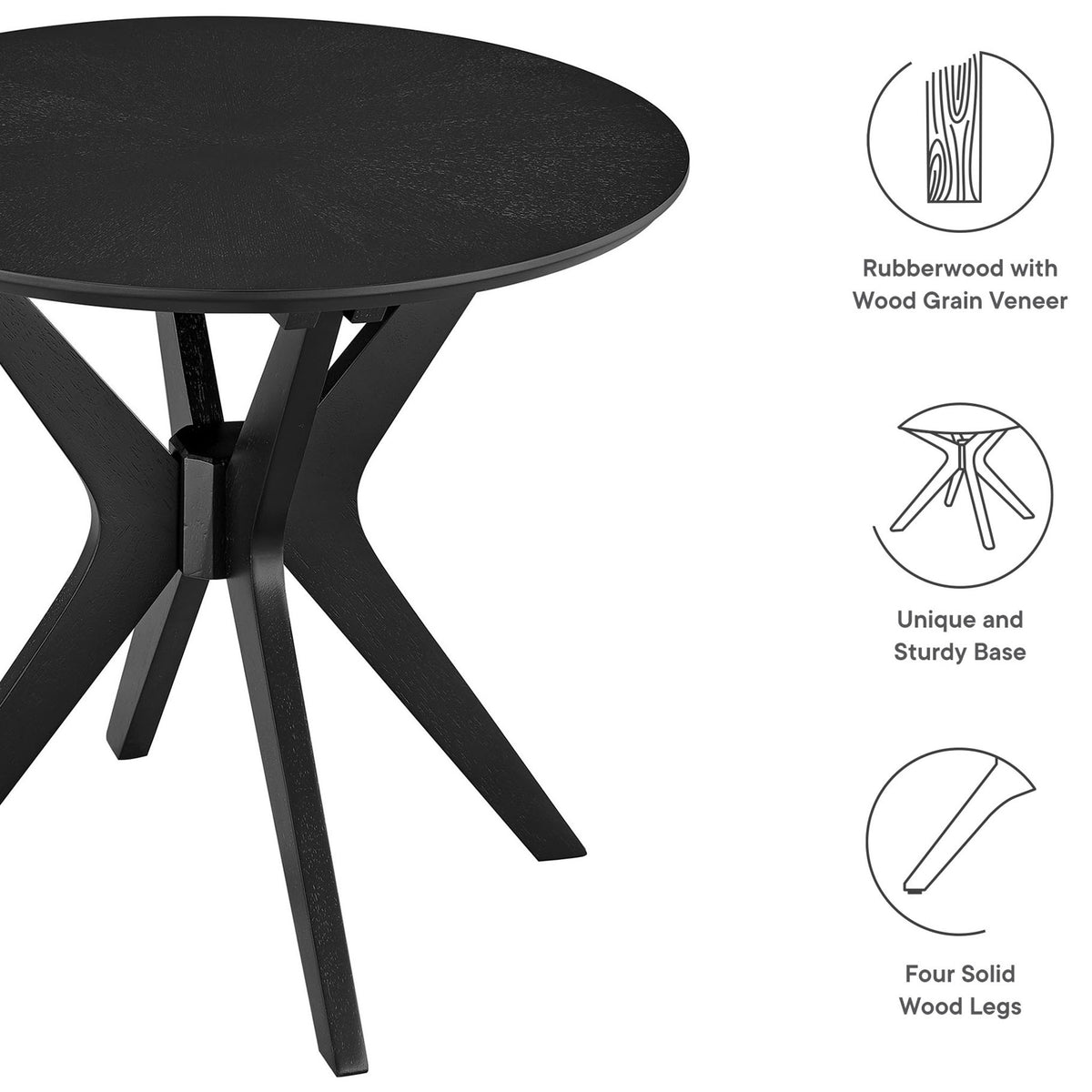 Black side table with wood grain veneer, unique intersecting base, and four solid wood legs || EEI-6558-BLK || callout_studio