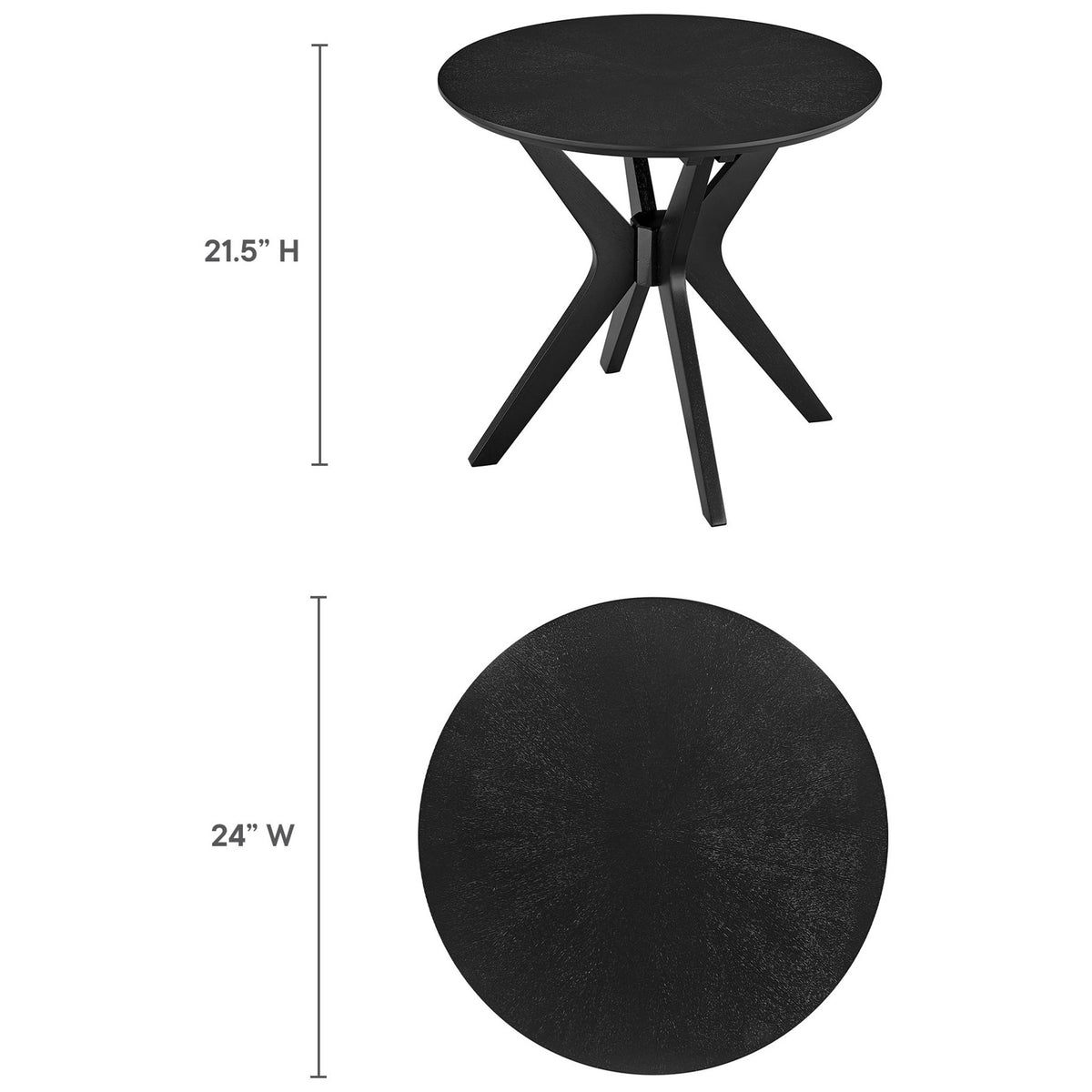 Black round side table with intersecting base and height and width measurements for easy planning || EEI-6558-BLK || dimension_studio