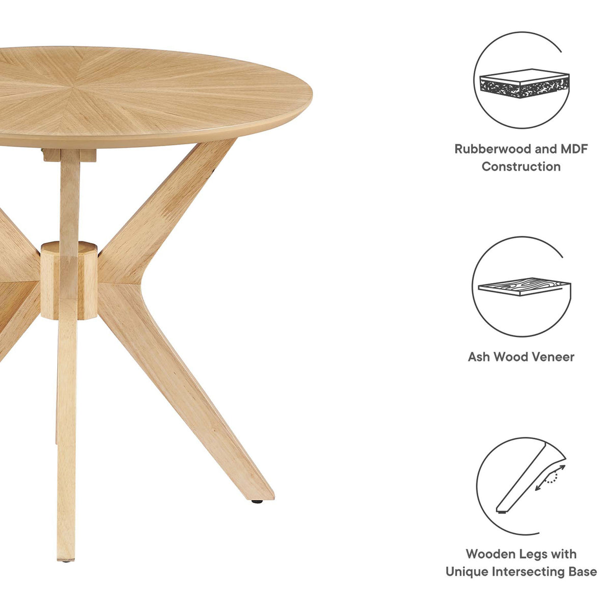 Oak side table highlighting rubberwood and MDF construction, ash veneer top, and intersecting wooden base. || EEI-6558-OAK || callout_studio
