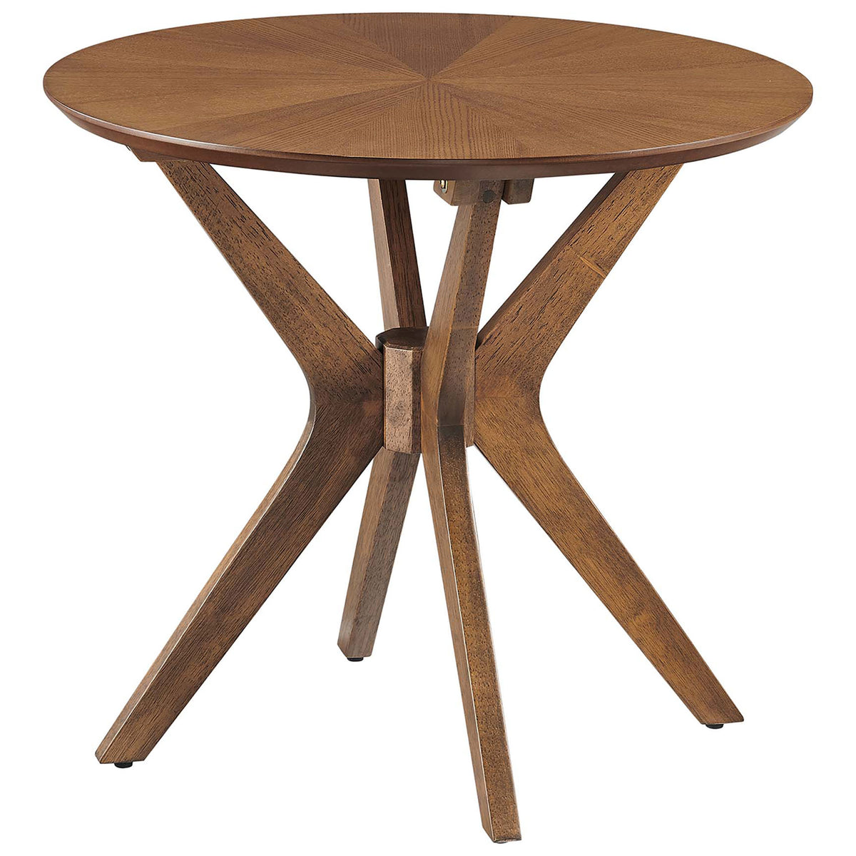 Mid-century walnut round side table with intersecting wood legs and rich veneer finish || EEI-6558-WAL || front_angle_studio