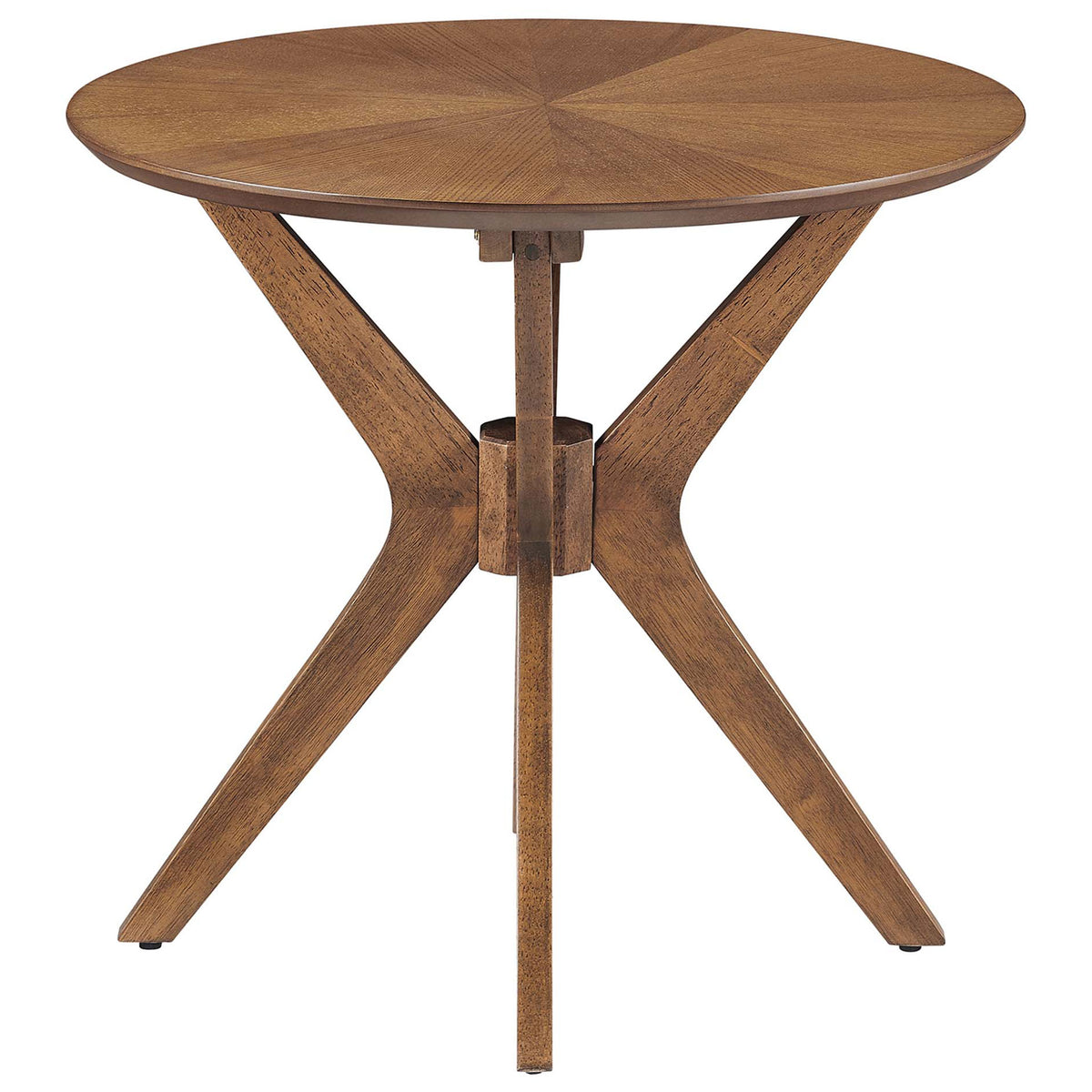 Walnut round side table showcasing a starburst veneer top and sturdy tripod base || EEI-6558-WAL || front_studio