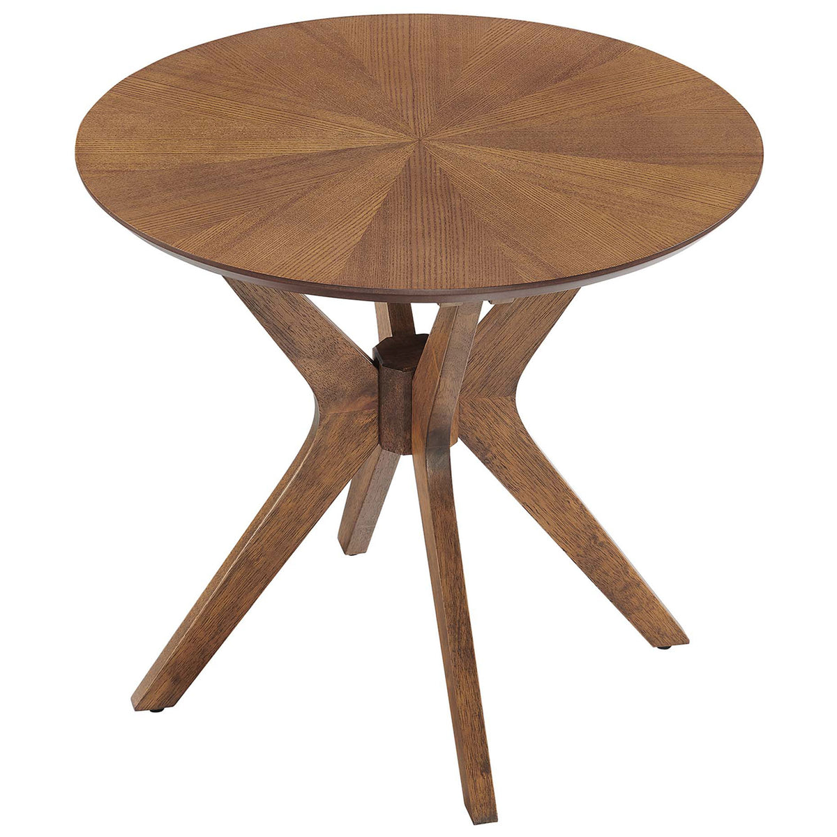 Round side table in walnut with radiating grain pattern and sculpted intersecting base || EEI-6558-WAL || top_angle_studio