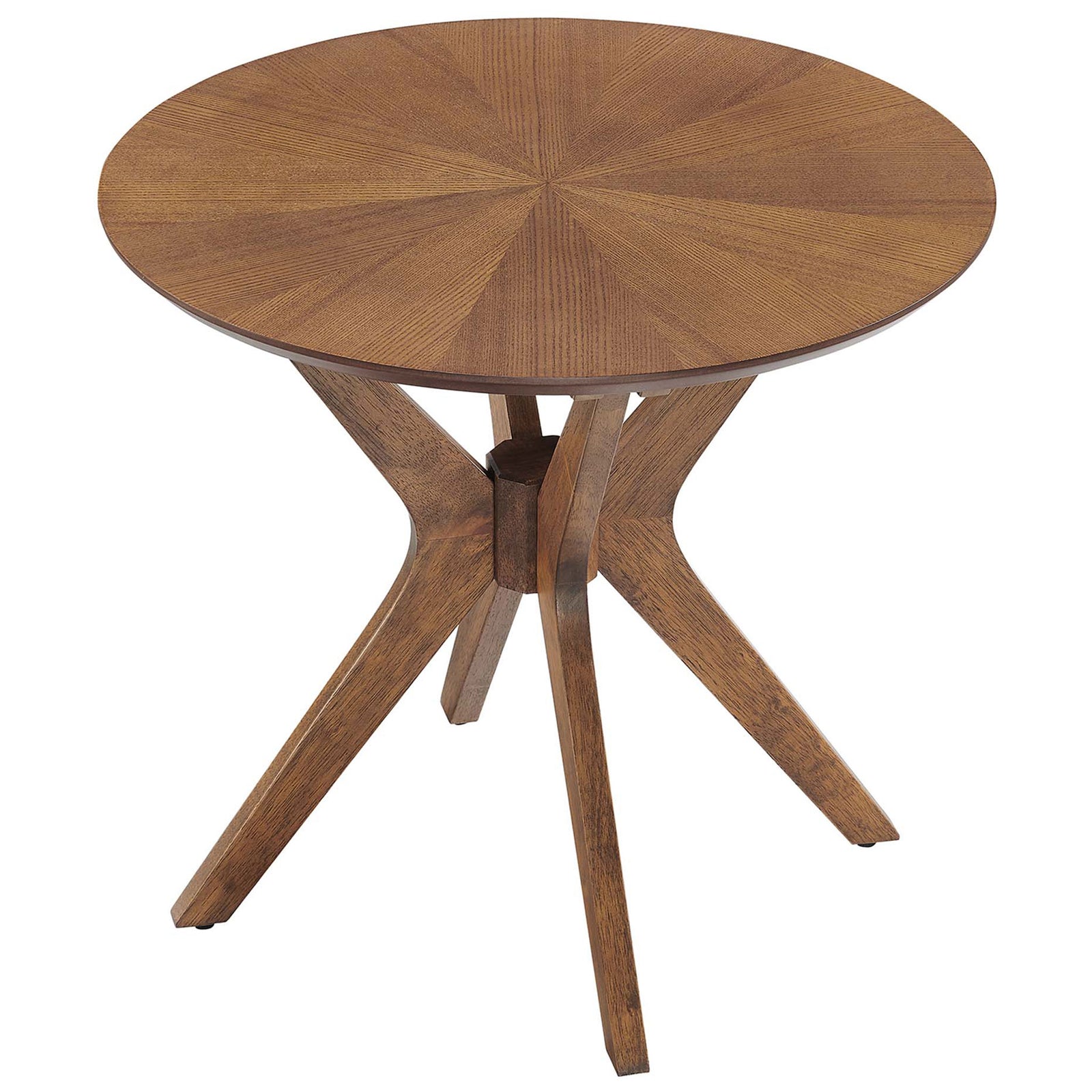 Round side table in walnut with radiating grain pattern and sculpted intersecting base || EEI-6558-WAL || top_angle_studio