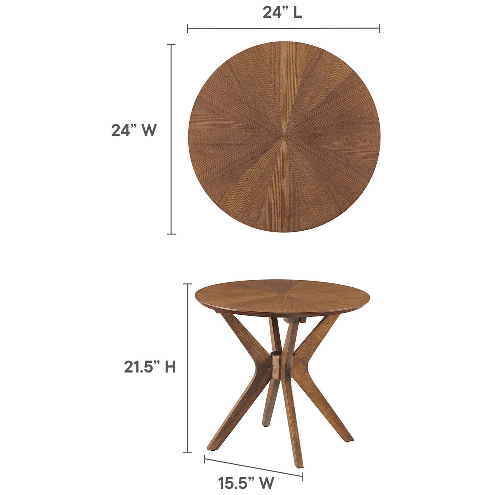 Dimensions for the Crossroads round side table with 24 inch top and 21.5 inch height || EEI-6558-WAL || dimension_studio