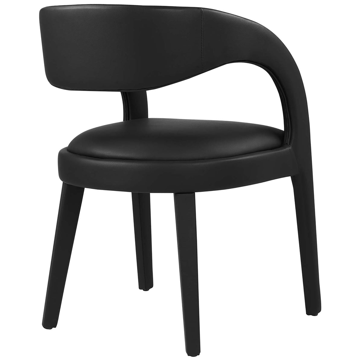 Sculpted black vegan leather dining chair showcasing smooth curved backrest and tailored stitching || EEI-6561-BLK || back_angle_studio