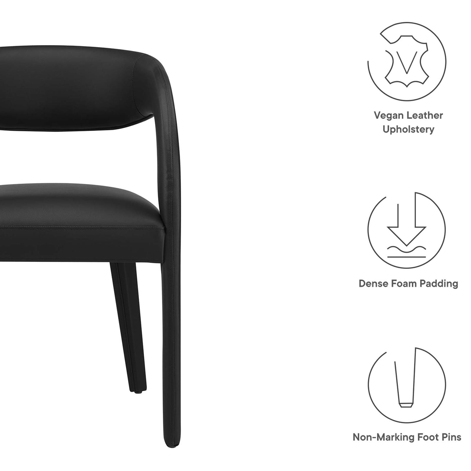 Feature view highlighting vegan leather upholstery, dense foam cushioning, and non-marking foot pins || EEI-6561-BLK || callout_studio