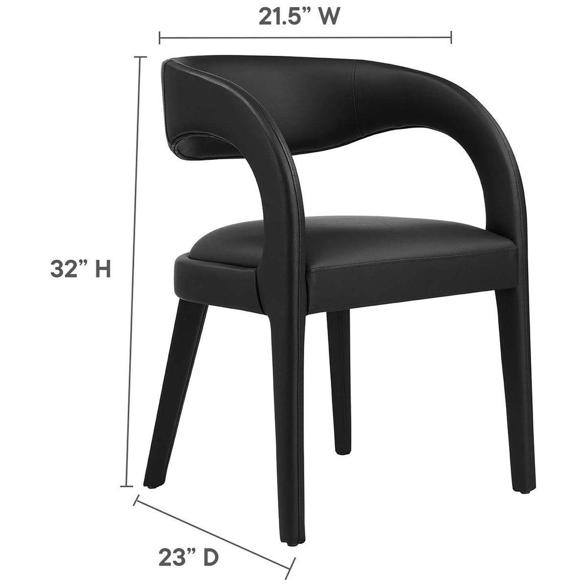 Black vegan leather dining chair with clearly labeled height, width, and depth dimensions || EEI-6561-BLK || dimension_studio