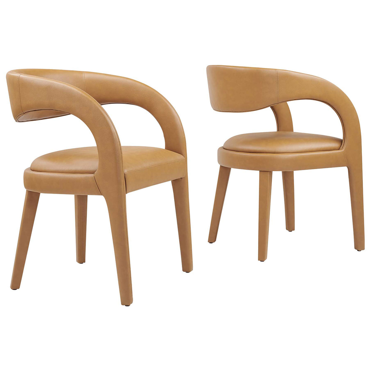 Set of two tan vegan leather dining chairs with curved open backs and generously padded seats || EEI-6561-TAN || front_angle_multi_studio