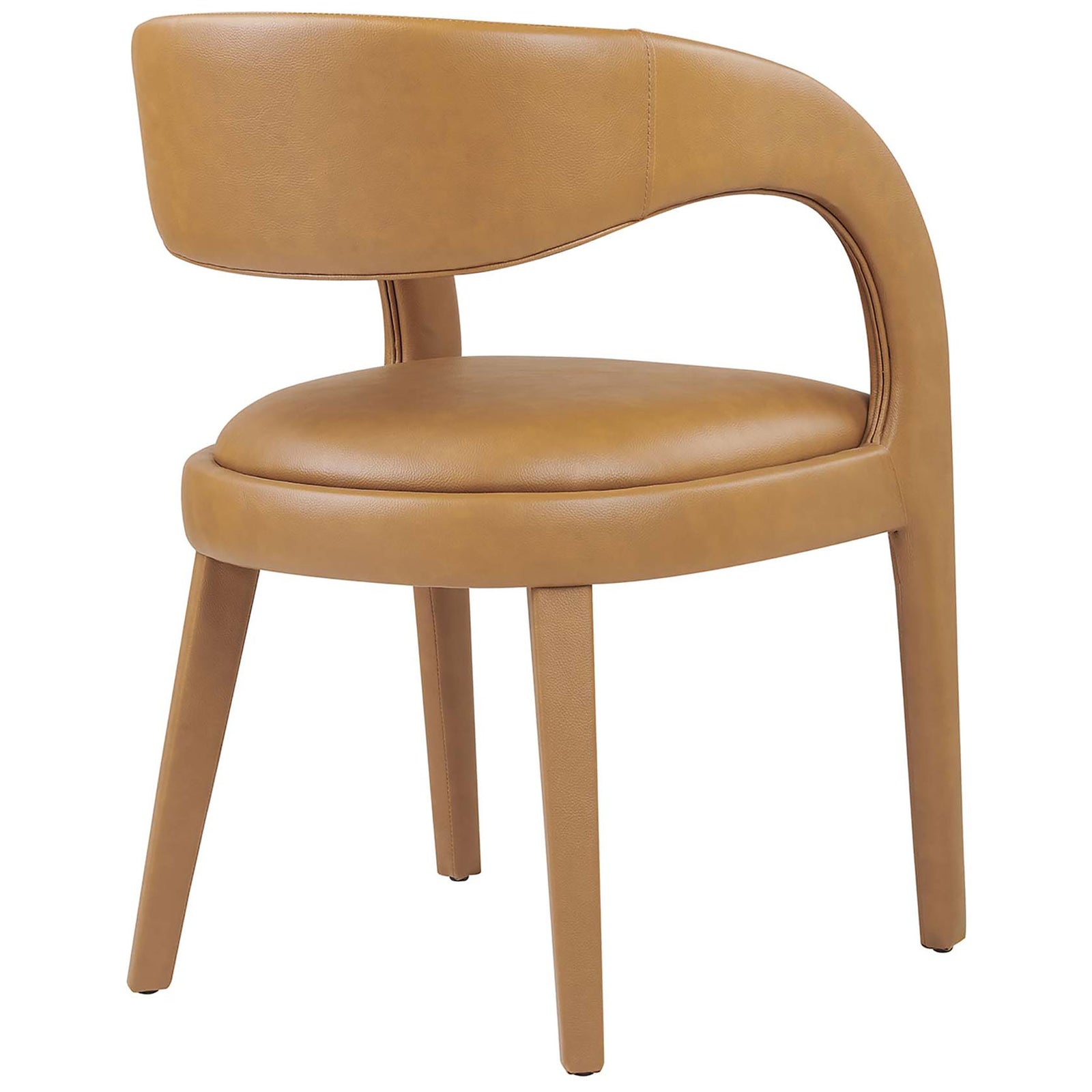 Tan vegan leather dining chair highlighting the wraparound backrest and smooth upholstery || EEI-6561-TAN || back_angle_studio