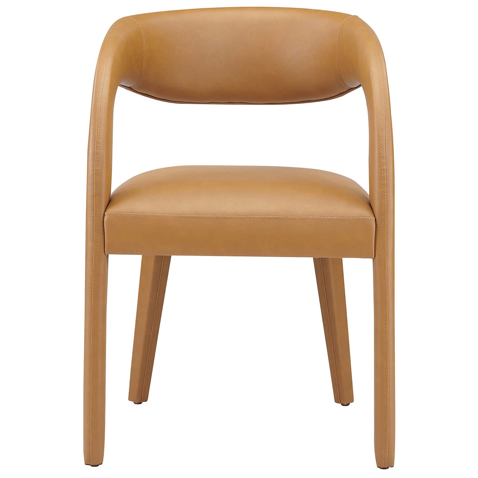 Tan vegan leather dining chair with a rounded cushioned seat and embracing barrel back || EEI-6561-TAN || front_studio