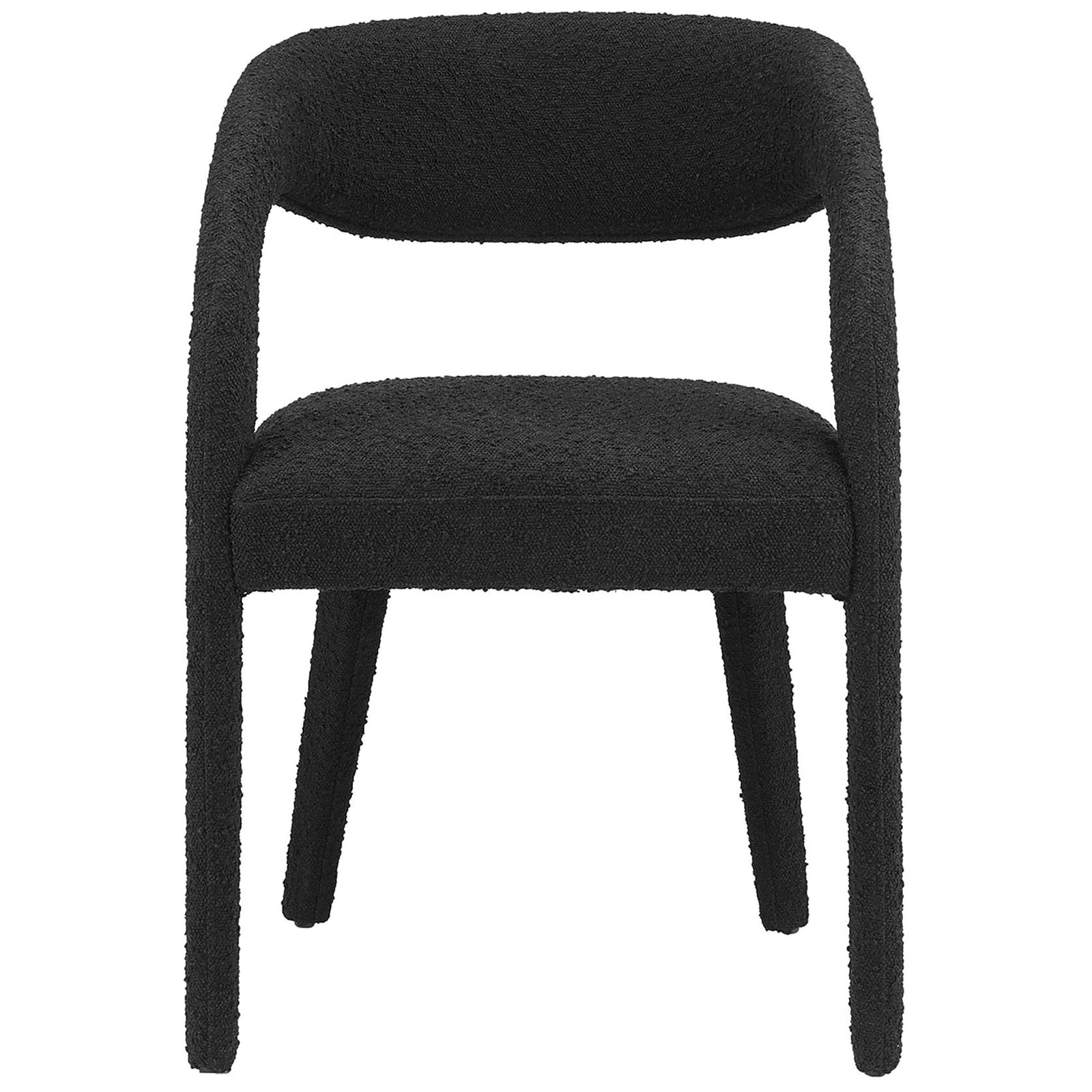 Black boucle dining chair with generous cushioned seat and rounded arms that embrace you in comfort. || EEI-6562-BLK || front_studio