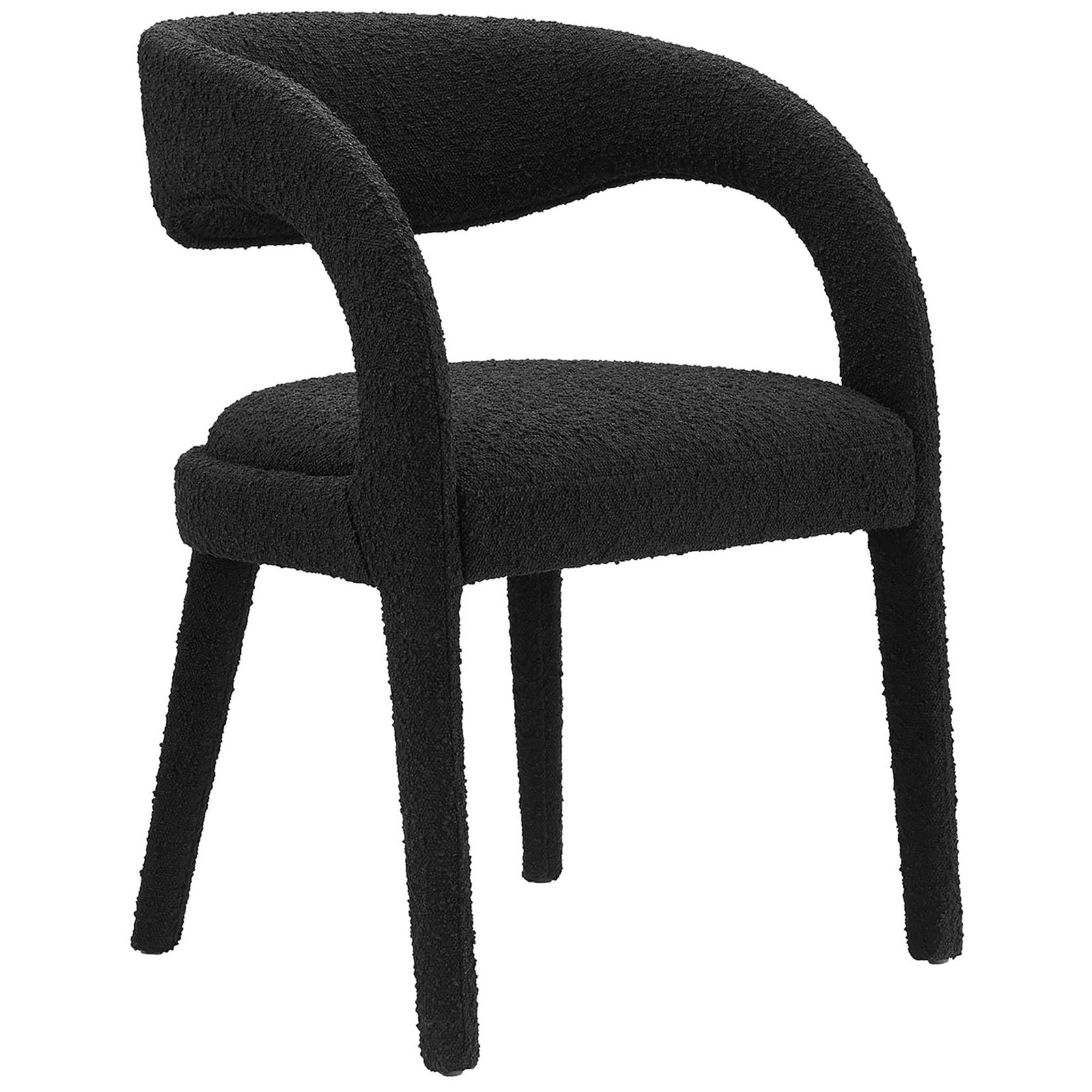 Modern black boucle dining chair with open back design and softly rounded silhouette for elegant comfort. || EEI-6562-BLK || front_angle_studio
