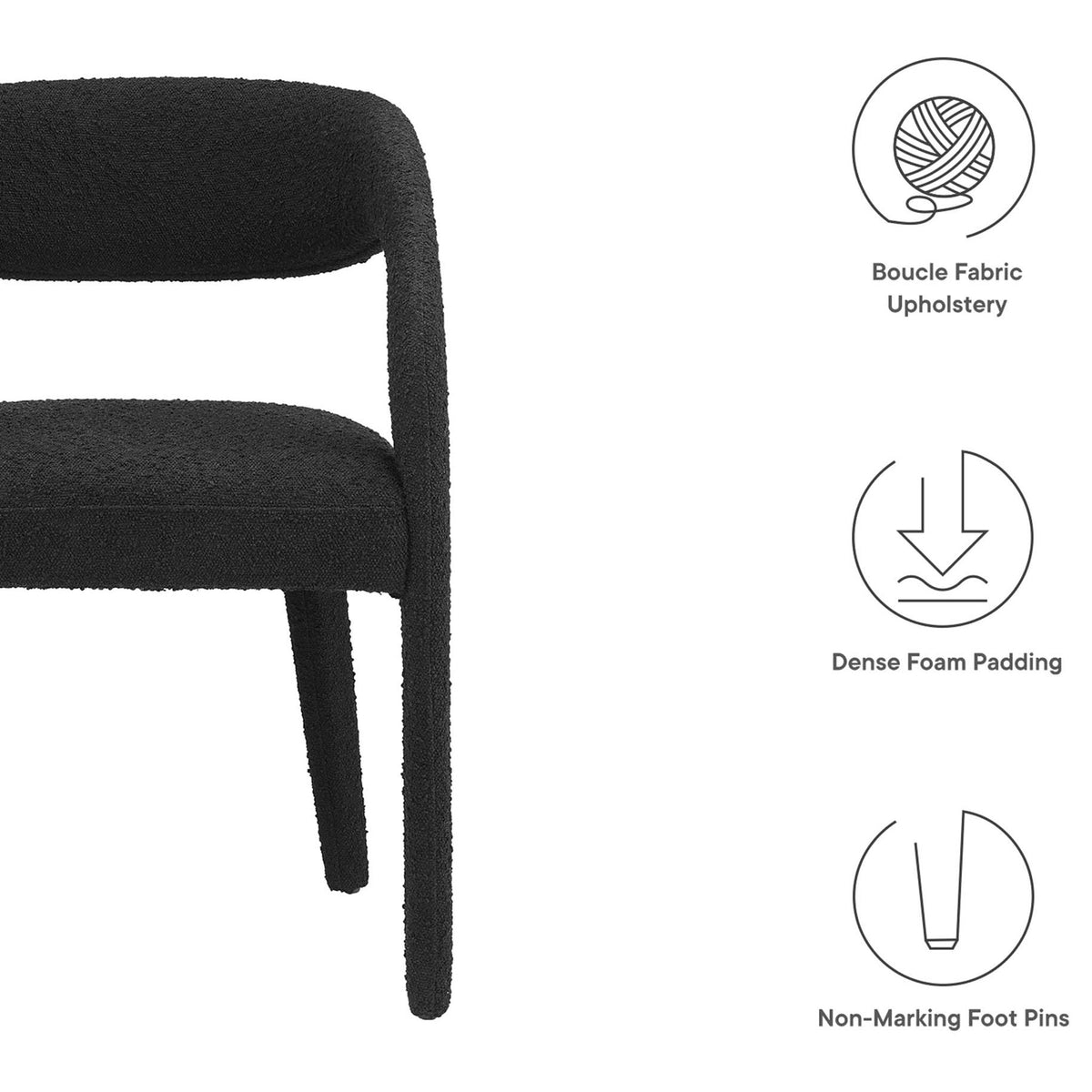 Black boucle dining chair highlighting dense foam cushioning, soft fabric texture, and non-marking foot pins. || EEI-6562-BLK || callout_studio