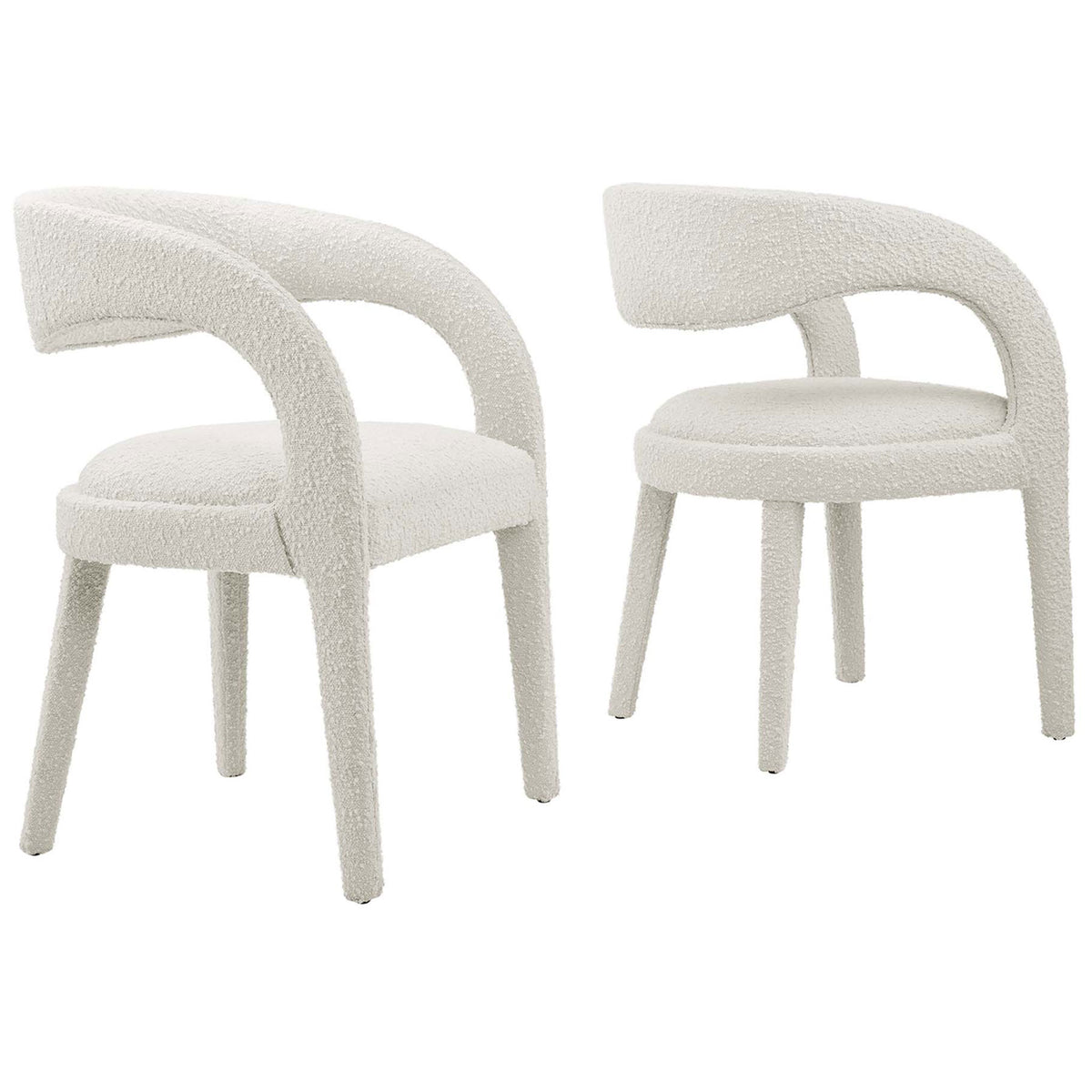 Pair of ivory boucle dining chairs with sculptural curved backs and open sides for a modern table setting. || EEI-6562-IVO || front_angle_multi_studio