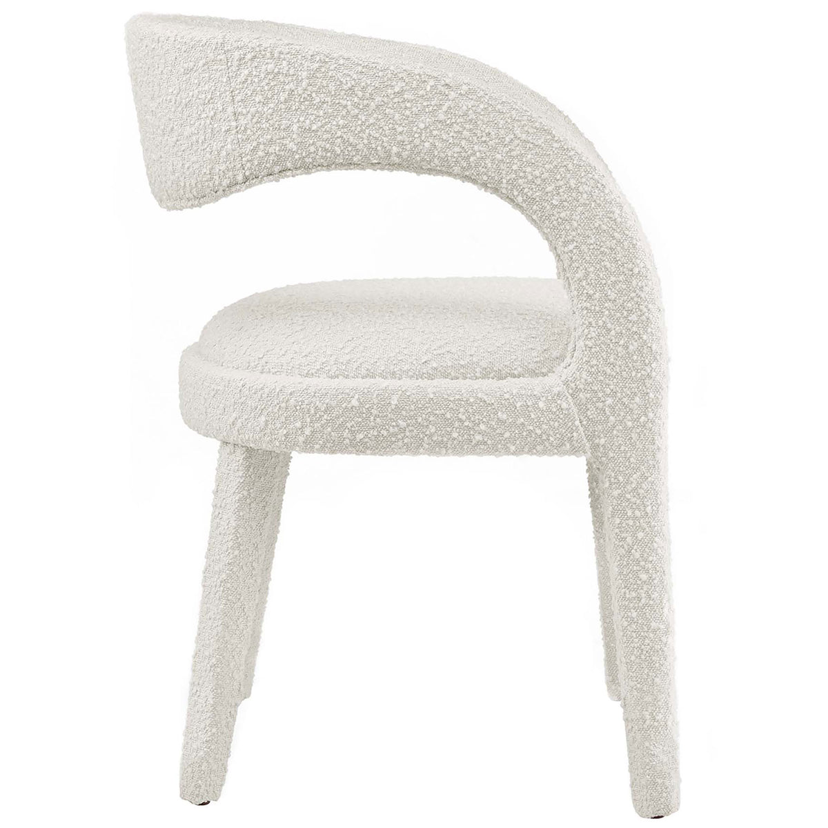 Ivory boucle dining chair showcasing its rounded backrest and fully upholstered legs. || EEI-6562-IVO || side_studio