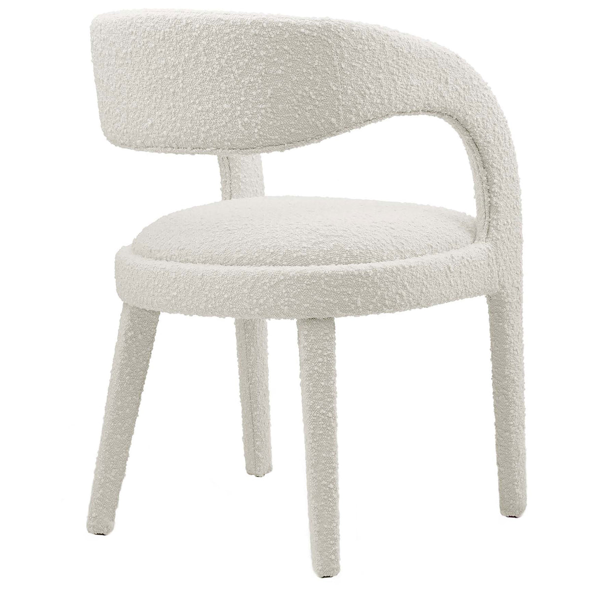 Ivory boucle dining chair highlighting the wraparound back and open lower back detail. || EEI-6562-IVO || back_angle_studio