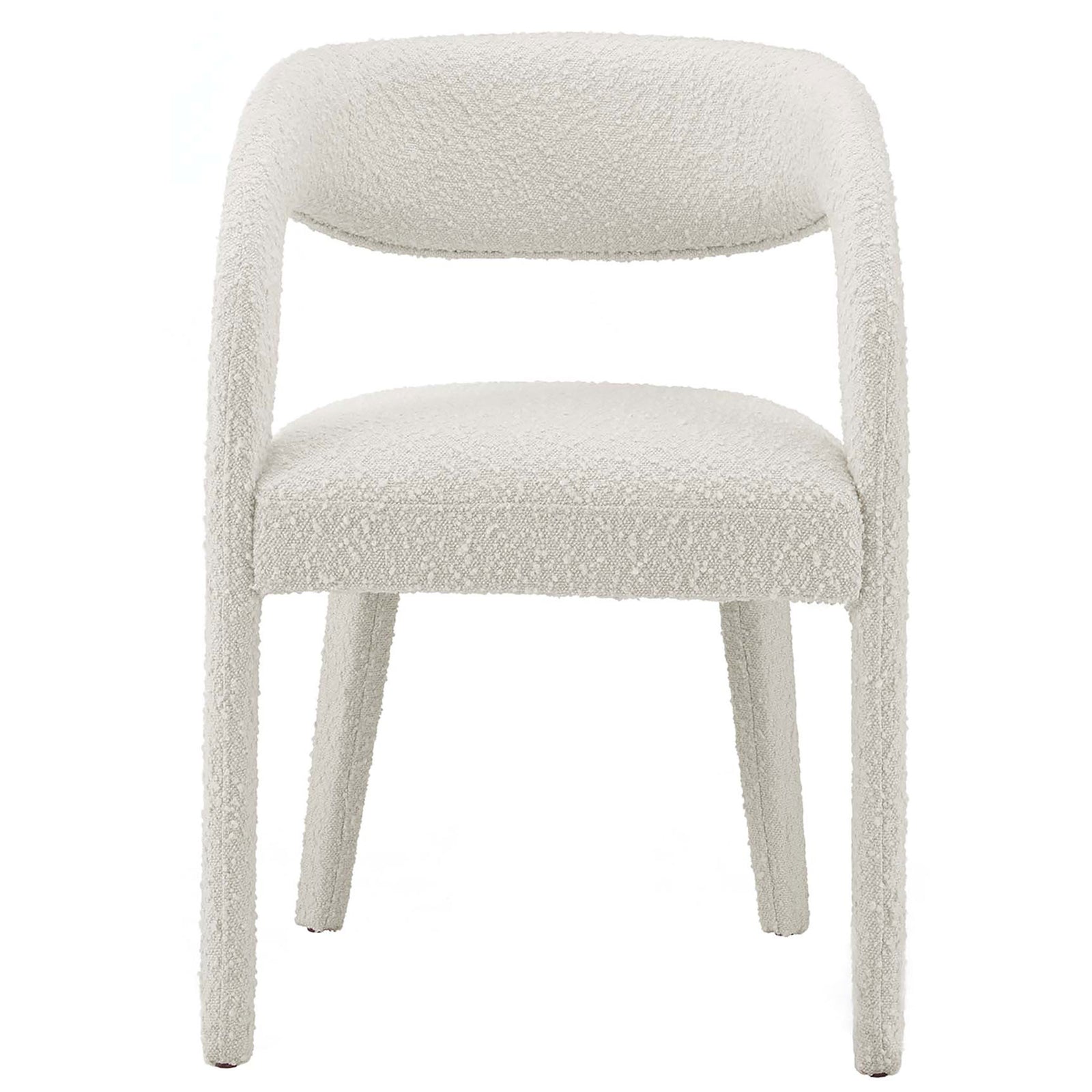 Ivory boucle dining chair with a sculpted open-back silhouette and plush round seat cushion. || EEI-6562-IVO || front_studio