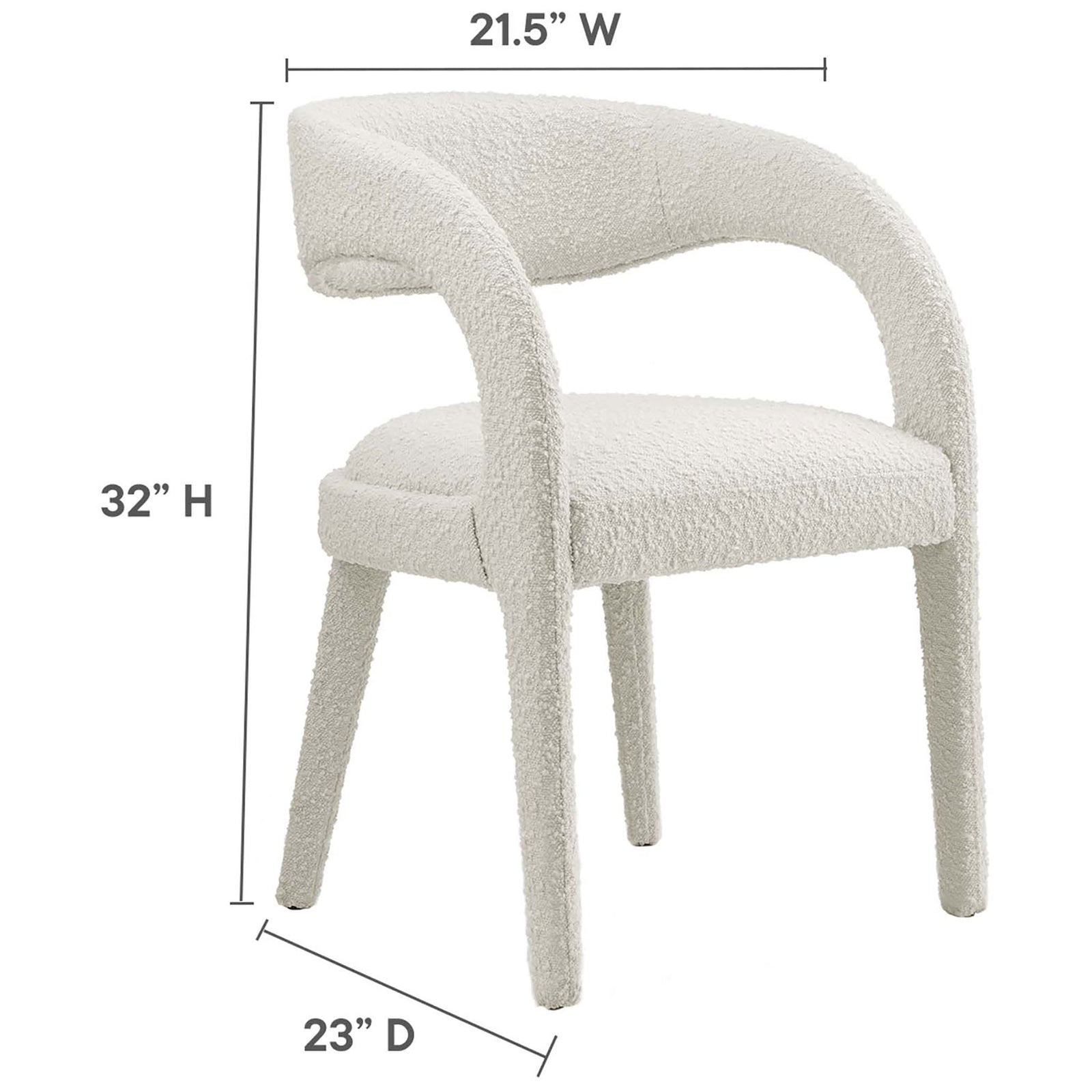 Ivory boucle dining chair with labeled height, width, and depth dimensions on a clean white background. || EEI-6562-IVO || dimension_studio