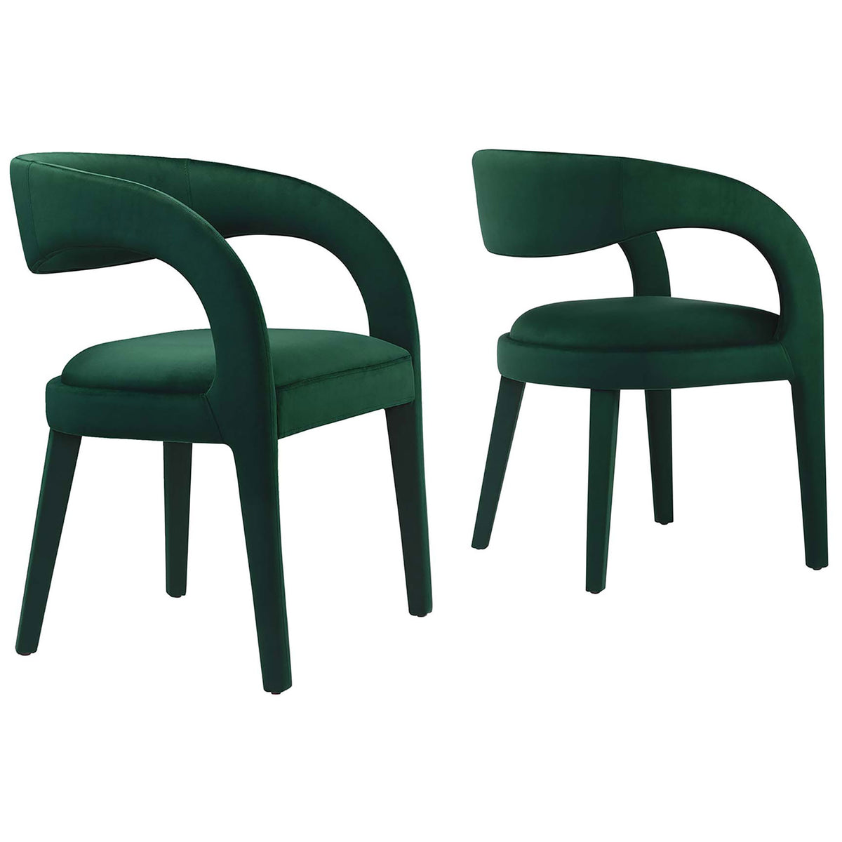 Pair of green velvet dining chairs with sculpted open backs and plush cushioned seats || EEI-6563-GRN || front_angle_multi_studio