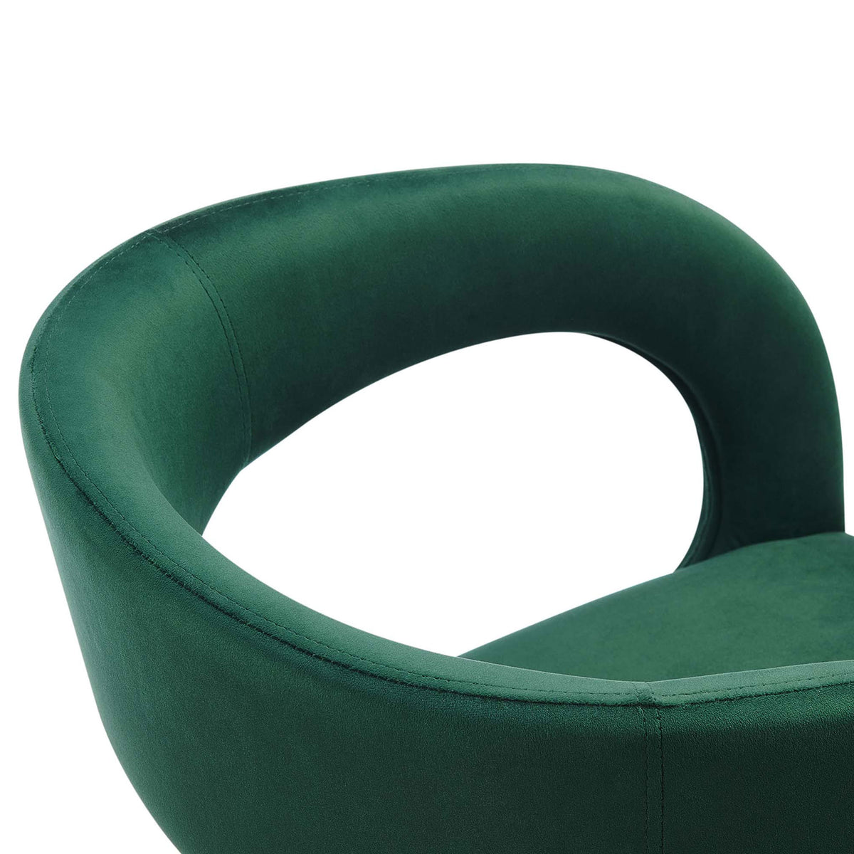 Curved open-back of the green velvet dining chair showcasing smooth performance upholstery || EEI-6563-GRN || detail_studio