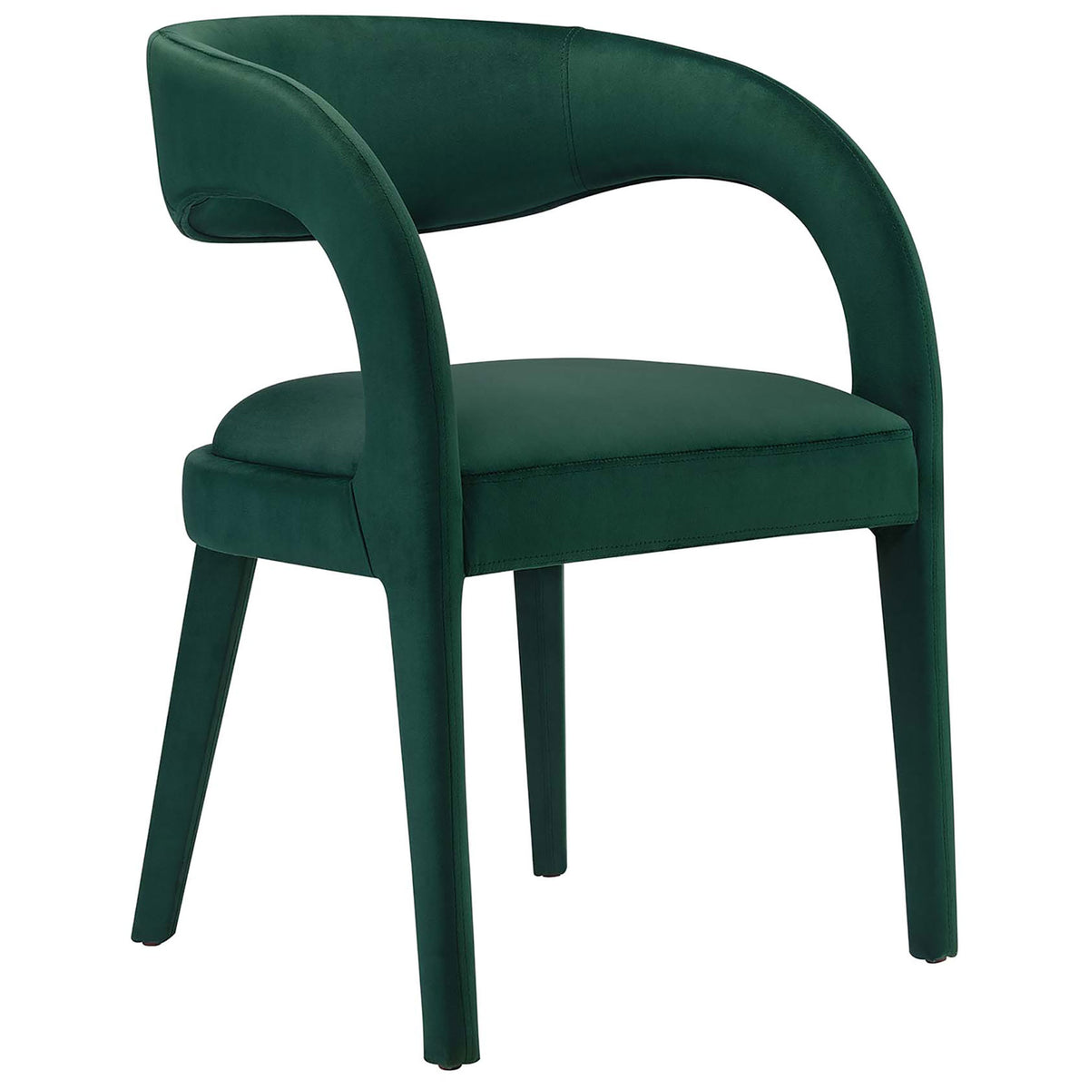 Elegant green velvet dining chair with rounded arms and open lower back for airy, modern style || EEI-6563-GRN || front_angle_studio