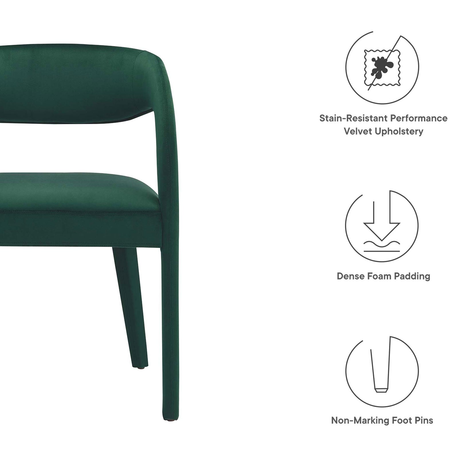 Green velvet dining chair highlighted with stain-resistant fabric, dense foam cushioning, and non-marking foot pins || EEI-6563-GRN || callout_studio